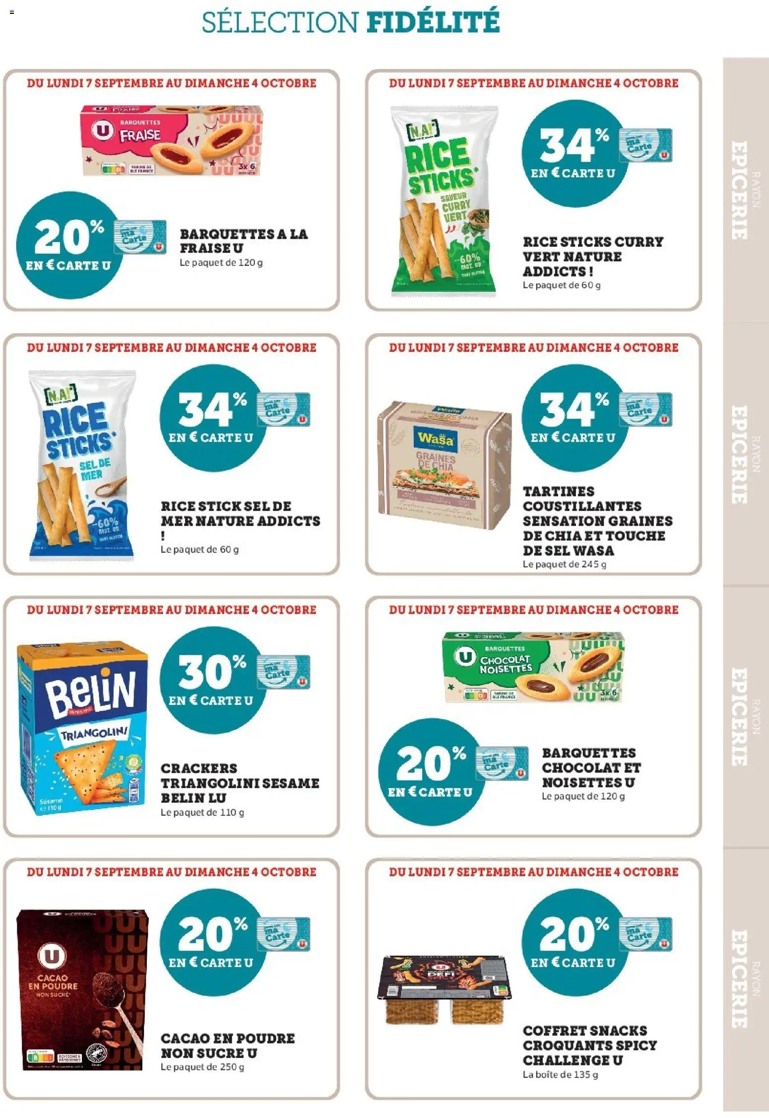 Prévisualisation de Super U - Ma sélection Carte U Septembre du magasin Super U formulaire valide 07/09/2026 - Snacks, Fraise, Sésame, Bol, Sel, Cacao, Crackers, Noisettes