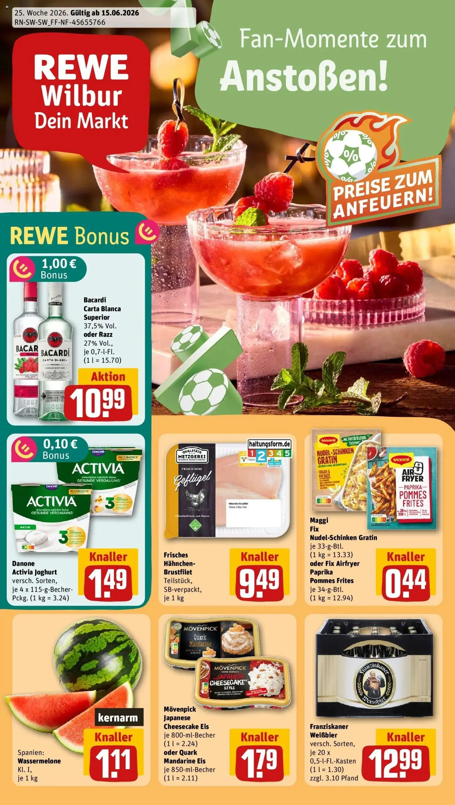 Vorschau von dem Prospekt des Geschäftes Rewe, gültig ab dem 14.06.2026 - Eis, Pasta, Pommes, Quark, Paprika, Rum, Maggi fix, Danone activia