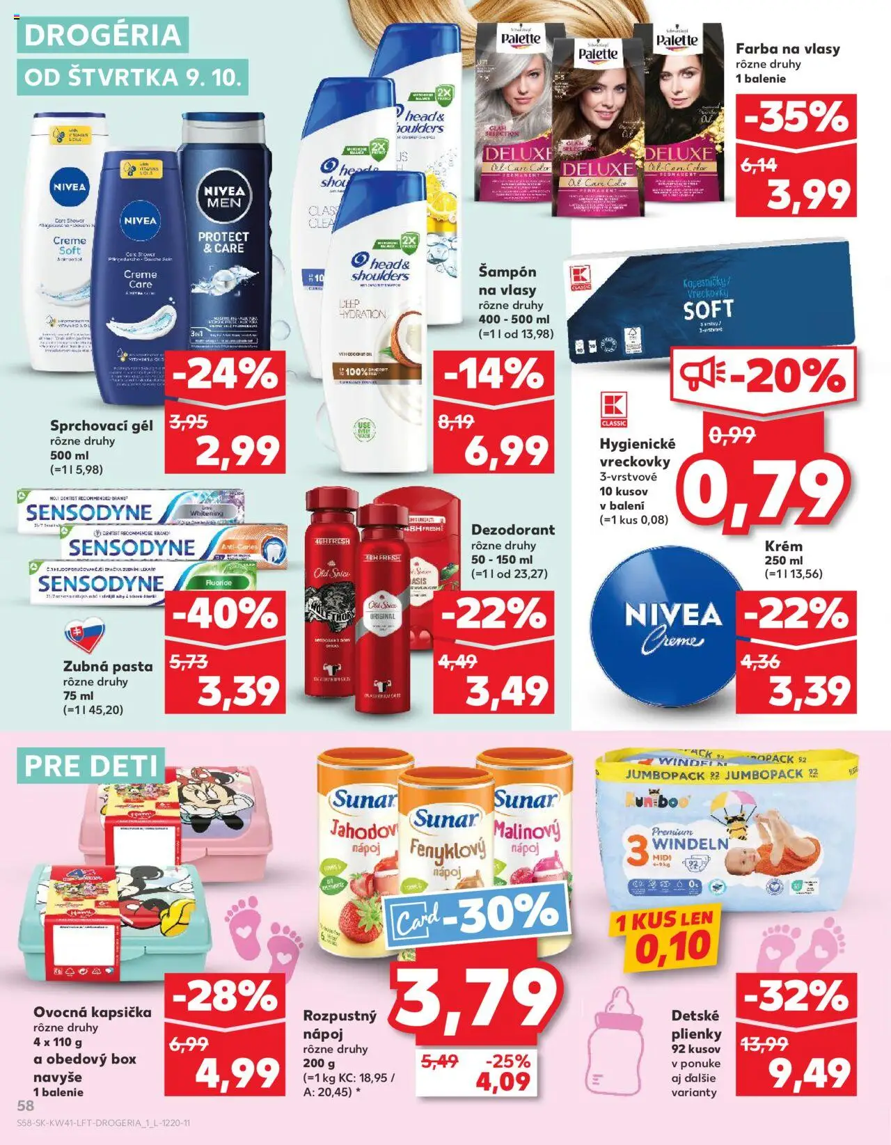 Náhľad Kaufland letáku platného od 09.10.2025 - Farba na vlasy, Nivea, Dezodorant, Sunar, Plienky, Šampón, Cola, Zubná pasta