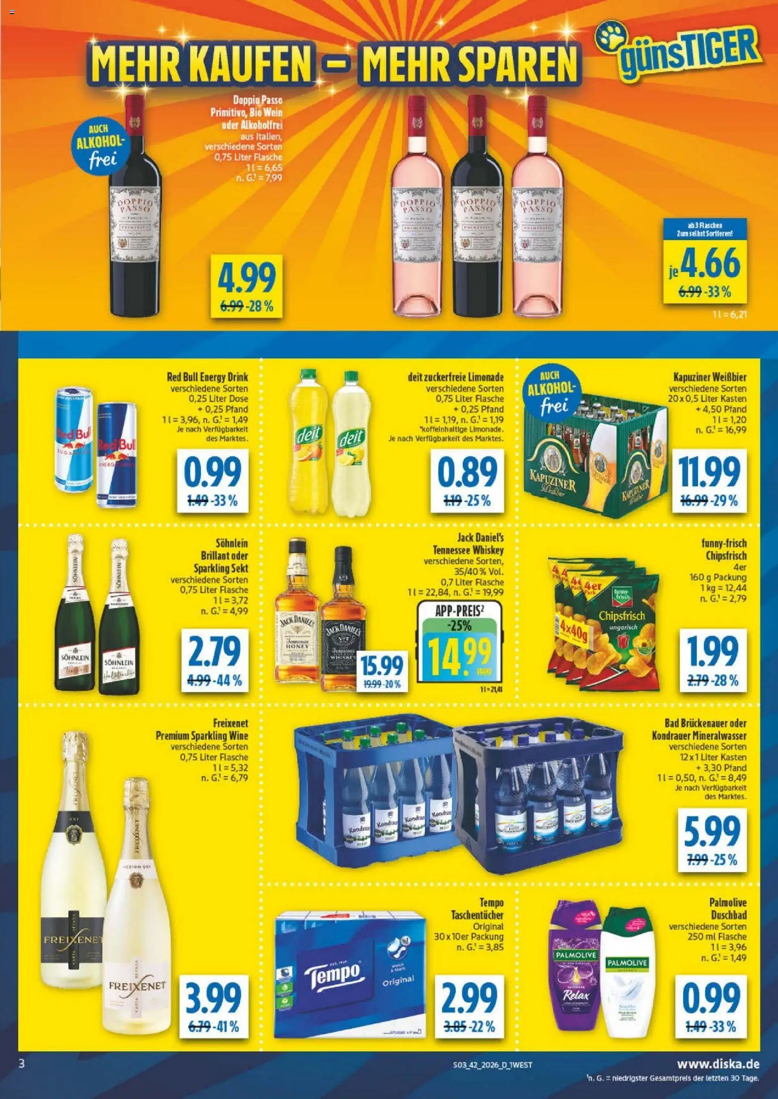 Vorschau von dem Prospekt des Geschäftes Diska, gültig ab dem 12.10.2026 - Red bull, Wein, Alkohol, Energy, Tempo, Doppio Passo, Freixenet, Jack Daniel's