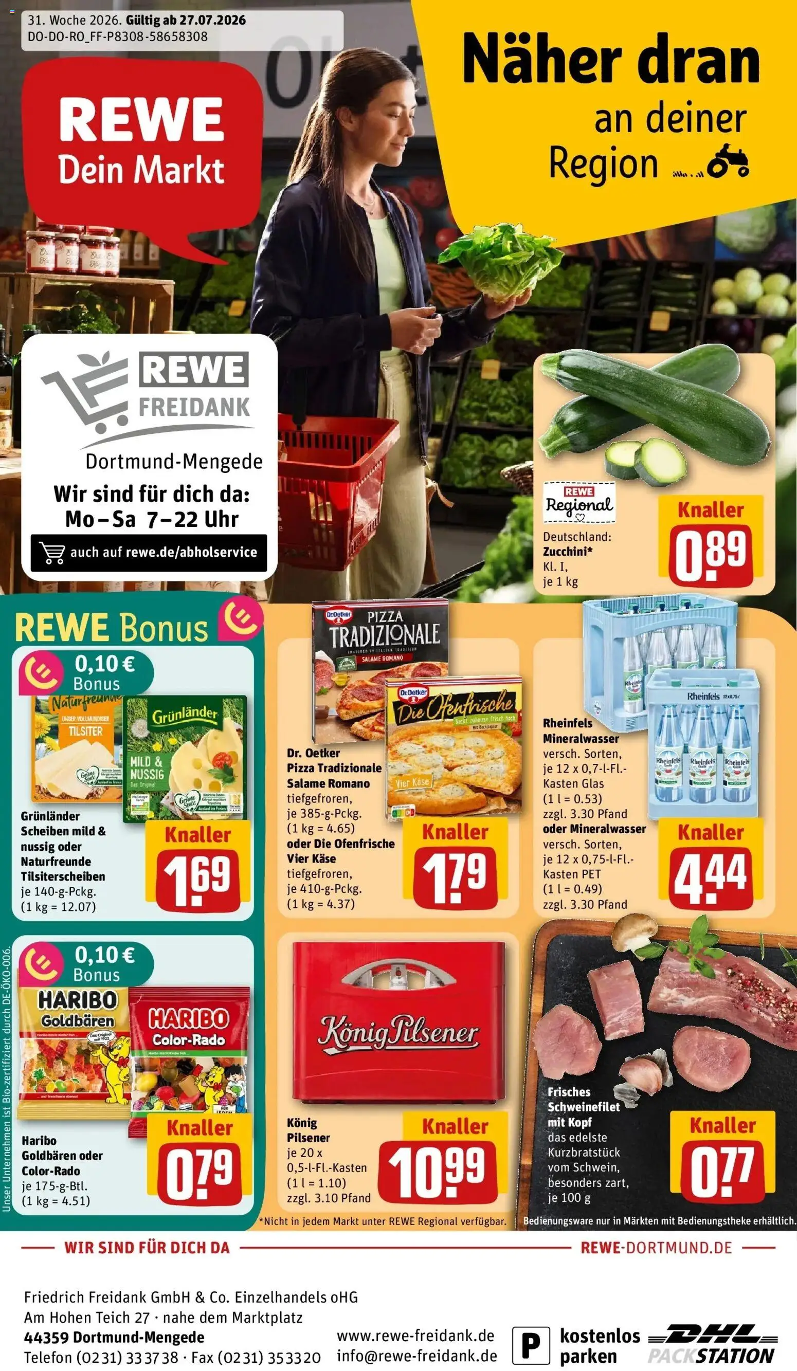 Vorschau von dem Prospekt des Geschäftes Rewe, gültig ab dem 27.07.2026 - Pizza, Uhr, Telefon, Käse, Haribo, Mineralwasser, Schweinefilet, Grunlander