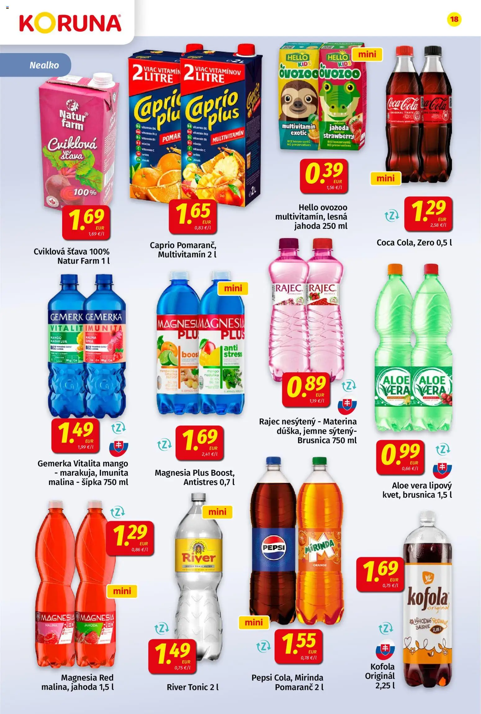 Náhľad Koruna letáku platného od 23.10.2026 - Mango, Rajec, Coca cola, Pepsi, Tonic, Multivitamín, Gemerka, River Tonic