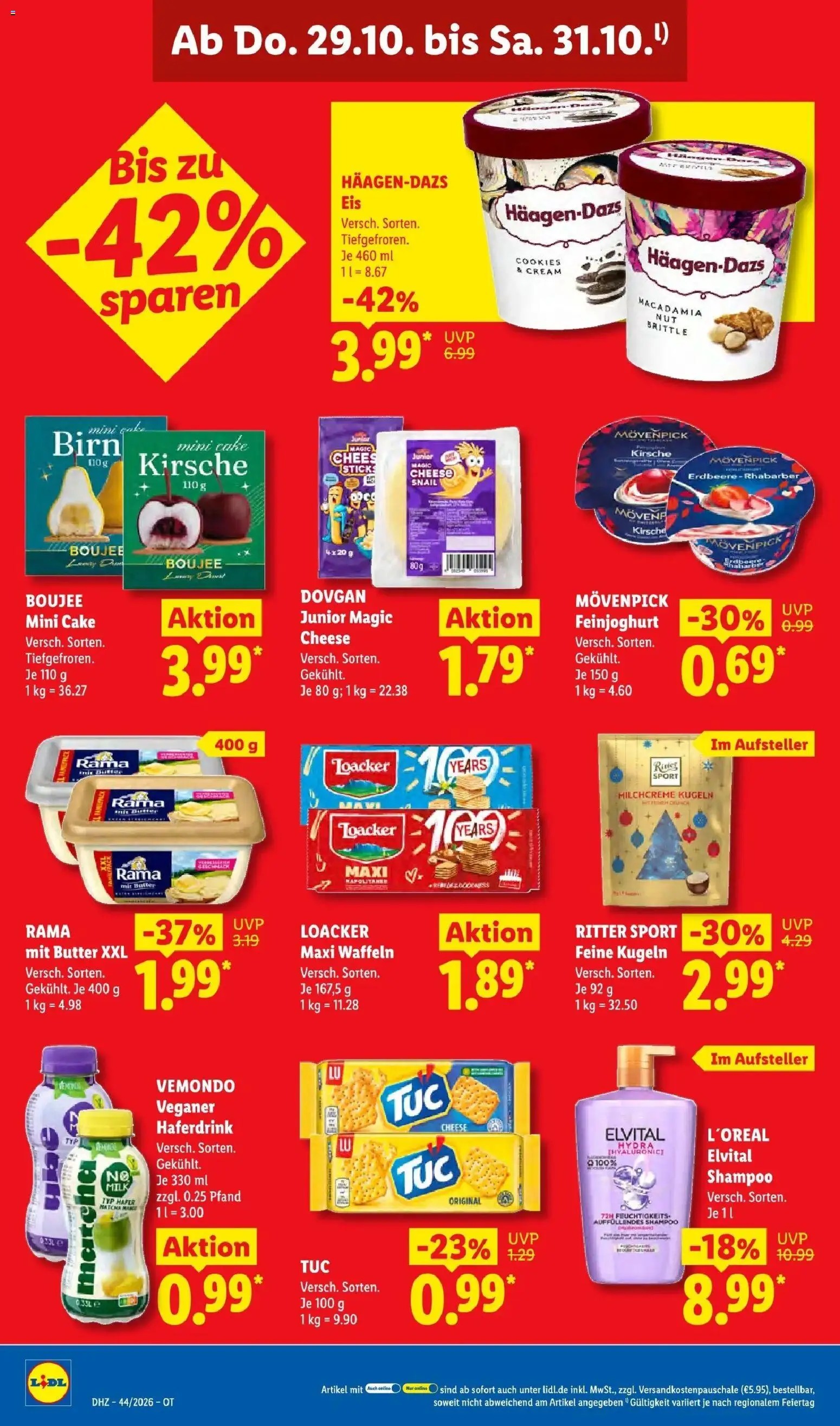 Vorschau von dem Prospekt des Geschäftes Lidl, gültig ab dem 26.10.2026 - Eis, Butter, Waffeln, Rhabarber, Ritter sport, Shampoo, Rama, Haferdrink
