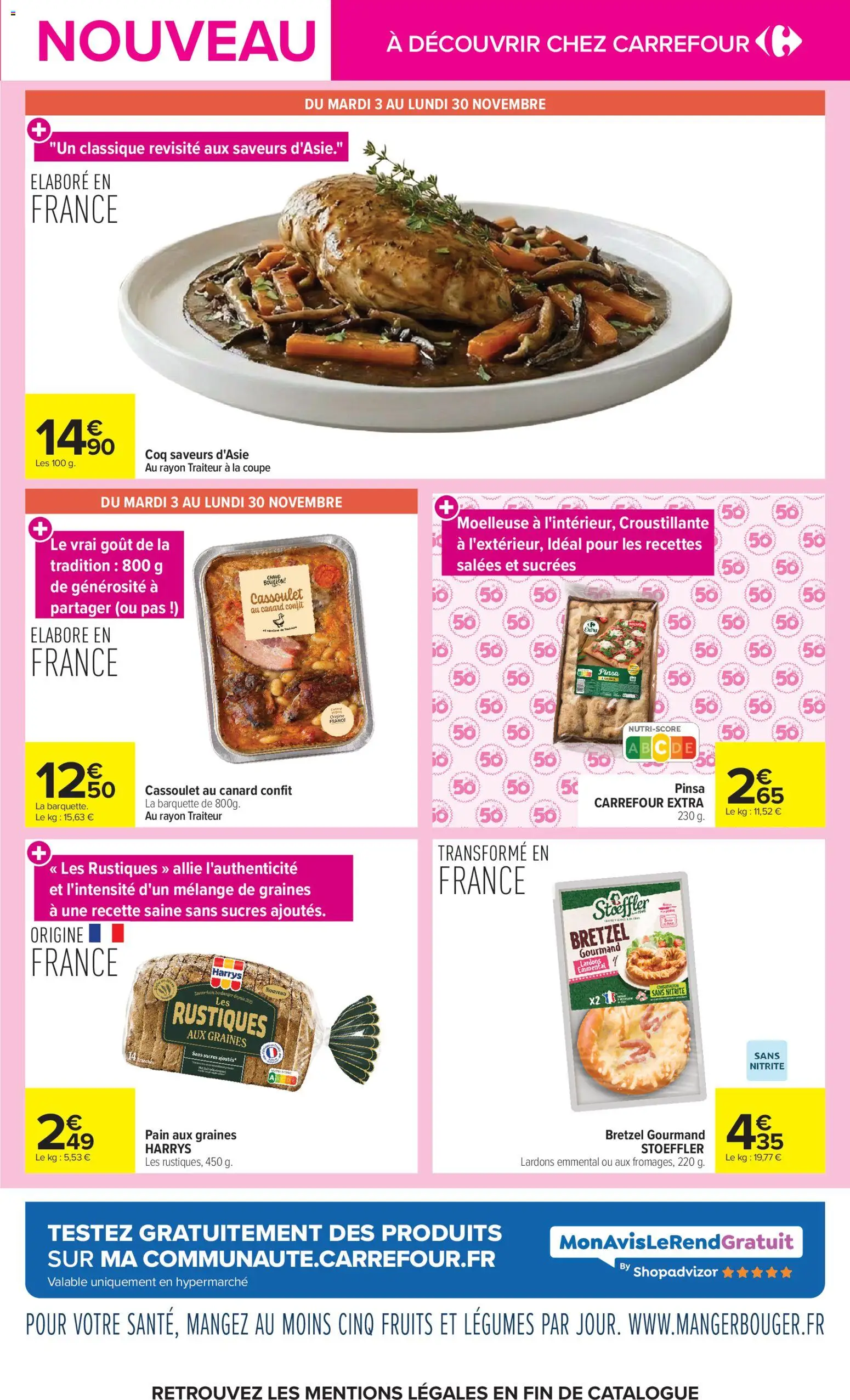 Prévisualisation de Carrefour Les nouveautés de novembre du magasin Carrefour formulaire valide 03/11/2026 - Bouillon, Fruits, Canard, Pinsa, Coq, Lardons, Emmental, Graines