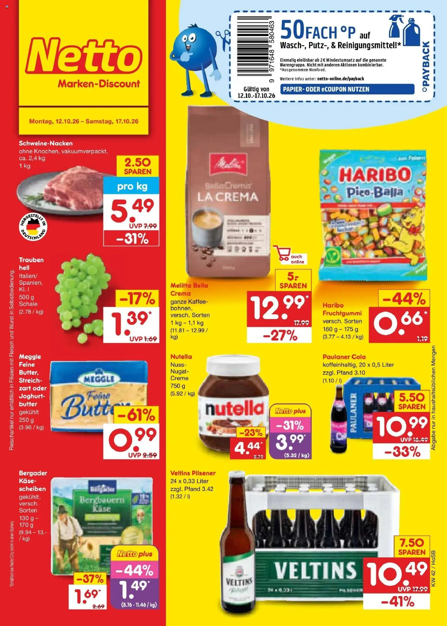 Vorschau von dem Prospekt des Geschäftes Netto Marken-Discount, gültig ab dem 12.10.2026 - Wurst, Nutella, Cola, Fleisch, Paulaner, Trauben, Melitta, Schweinenacken