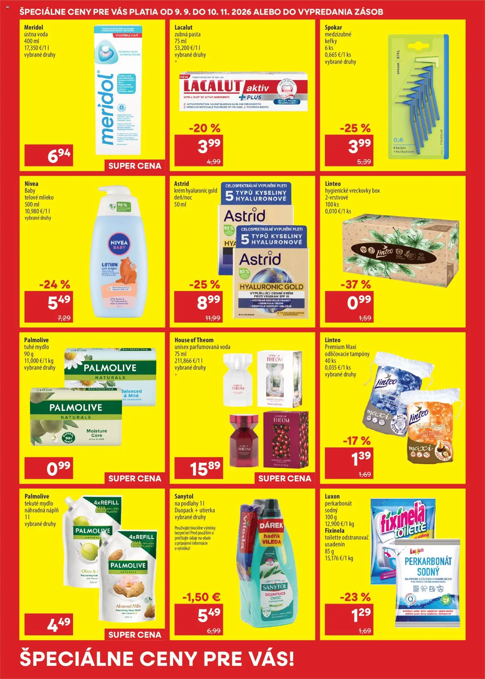 Náhľad 101 drogerie letáku platného od 09.09.2026 - Voda, Mlieko, Nivea, Sanytol, Mydlo, Krém, Vreckovky, Telové mlieko