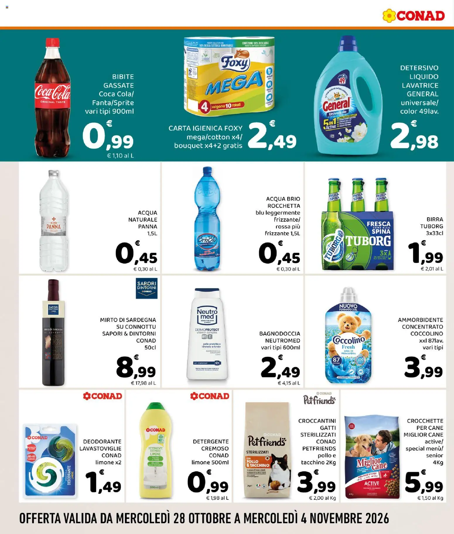 Anteprima dell'opuscolo Conad volantino Convenienza Più Sicilia dal negozio Conad valido da 28/10/2026 - Acqua, Coca Cola, Limone, Tacchino, Carta igienica, Panna, Crocchette, Bibite