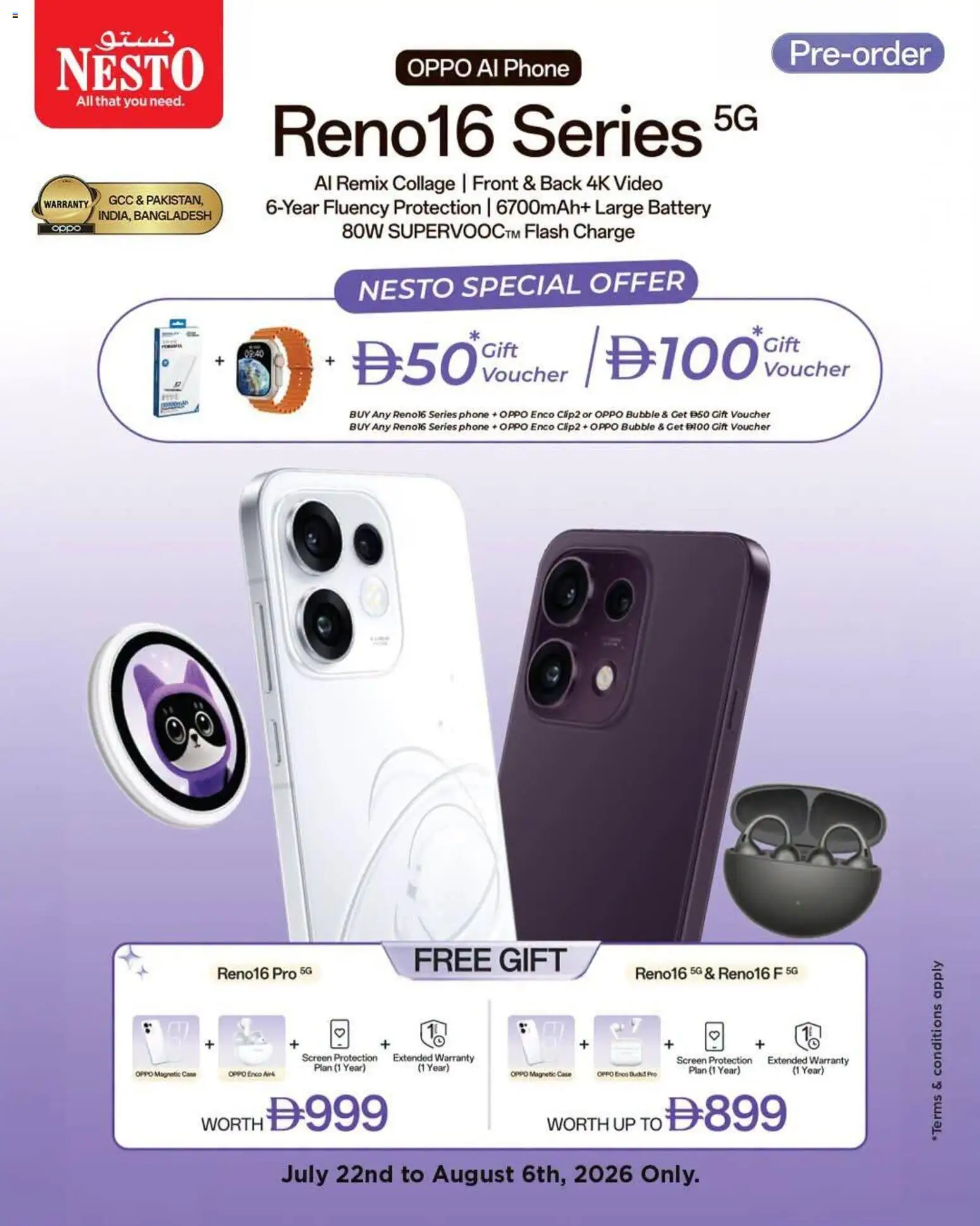 Preview of the catalogue Nesto catalogue Sale On OPPO Reno16 Series of store Nesto valid from 22 Jul, 2026 - Phone, Battery, Case