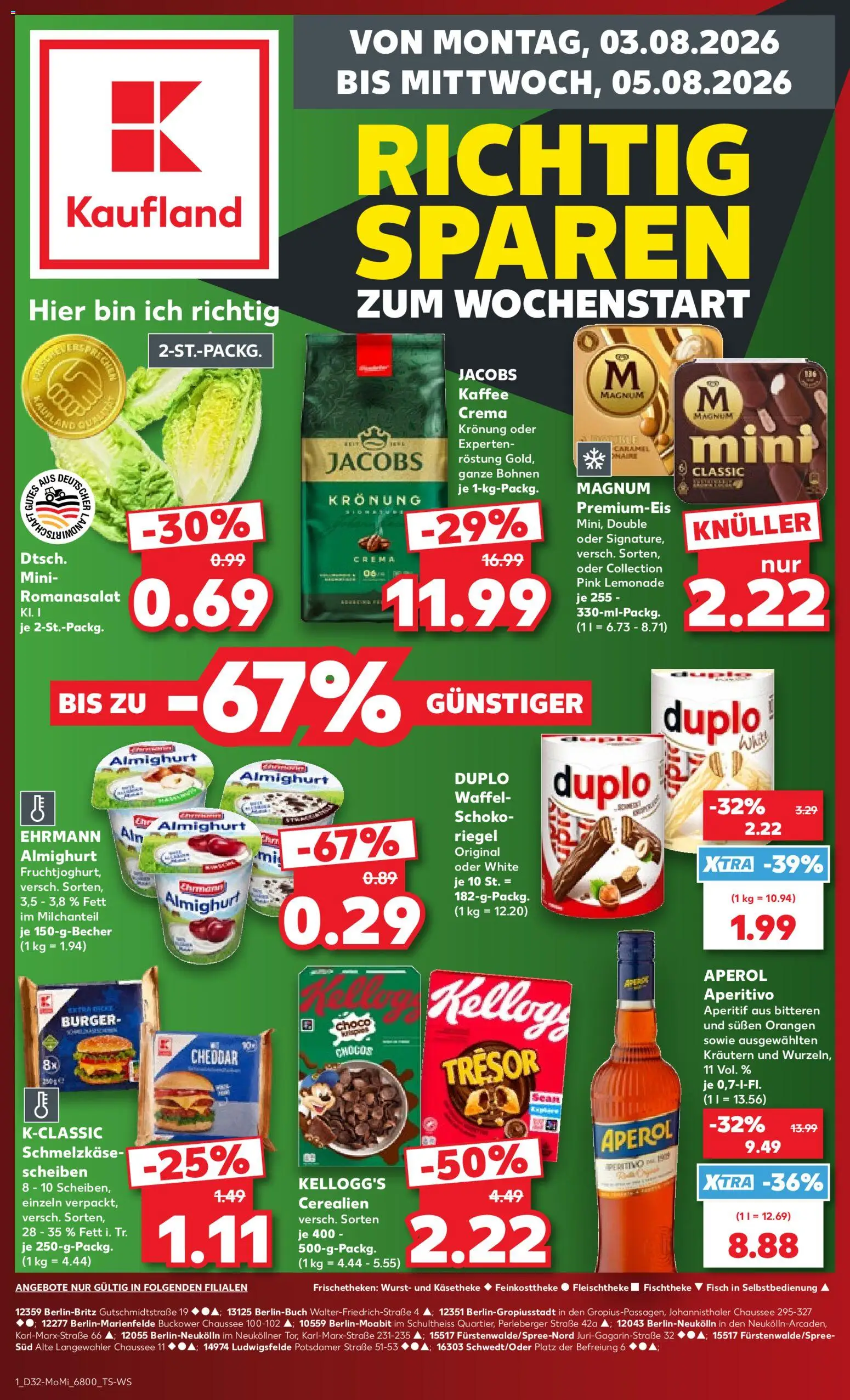 Vorschau von dem Prospekt des Geschäftes Kaufland, gültig ab dem 03.08.2026 - Burger, Kaffee, Fisch, Wurst, Aperol, Kellogg's, Orangen