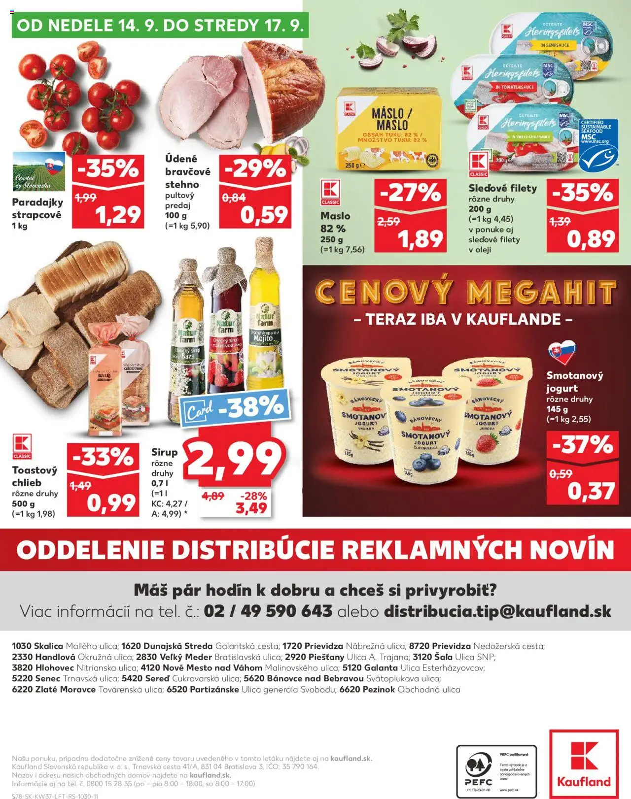 Náhľad Kaufland letáku platného od 11.09.2025 - Maslo, Chlieb, Paradajky, Sirup, Jogurt, Vanilka, Bravčové stehno