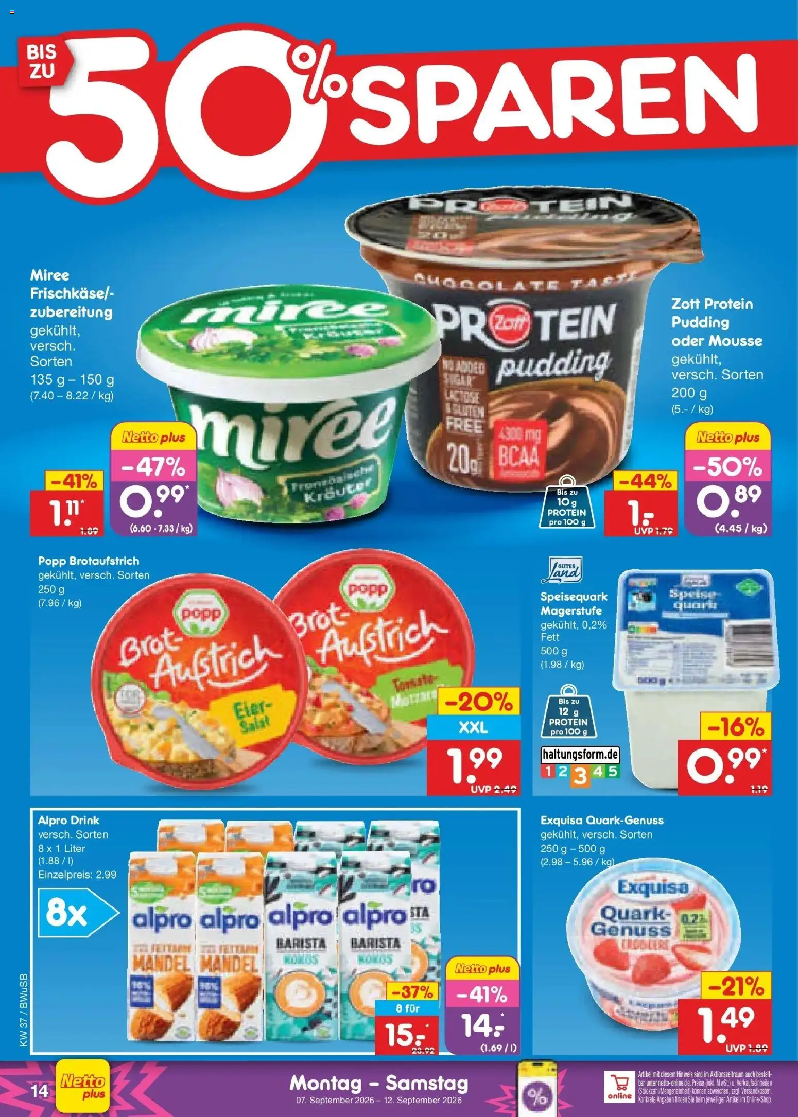 Vorschau von dem Prospekt des Geschäftes Netto Marken-Discount, gültig ab dem 07.09.2026 - Salat, Quark, Brot, Eier, Pudding, Alpro, Speisequark, Exquisa