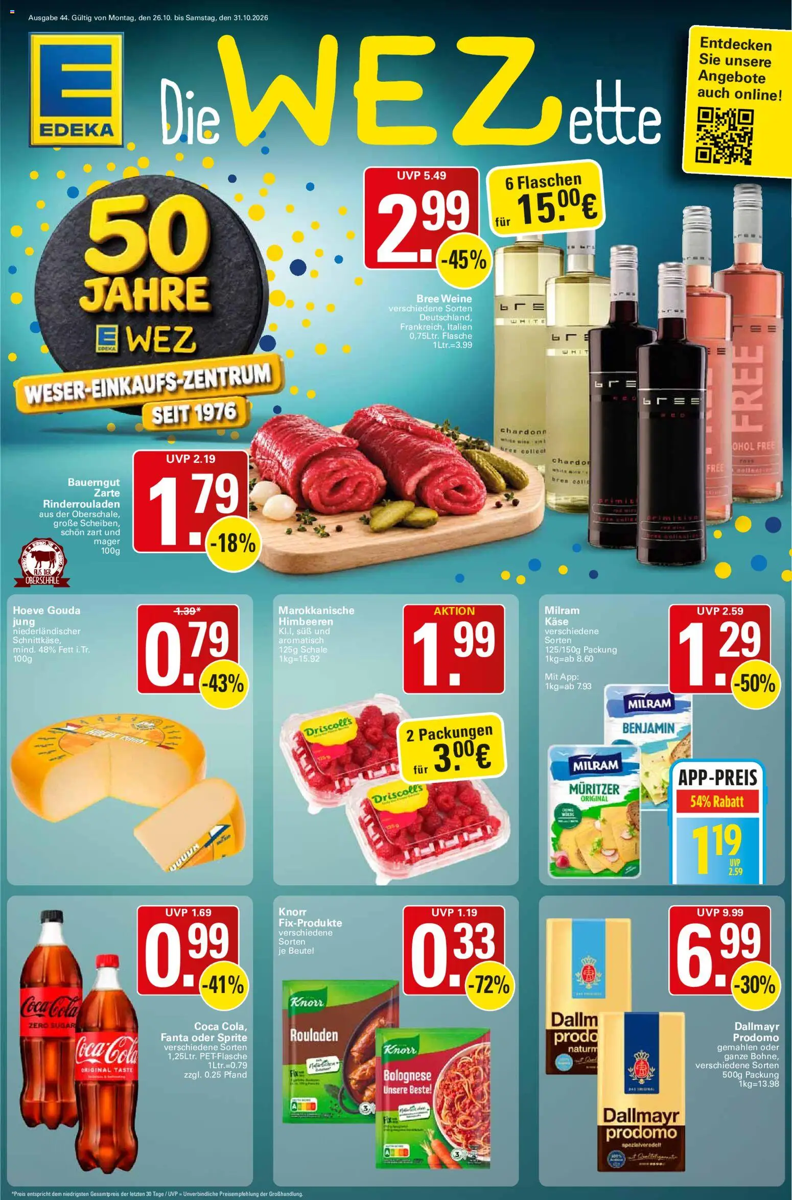 Vorschau von dem Prospekt des Geschäftes WEZ, gültig ab dem 26.10.2026 - Käse, Coca cola, Fanta, Sprite, Knorr, Dallmayr prodomo, Milram, Bree