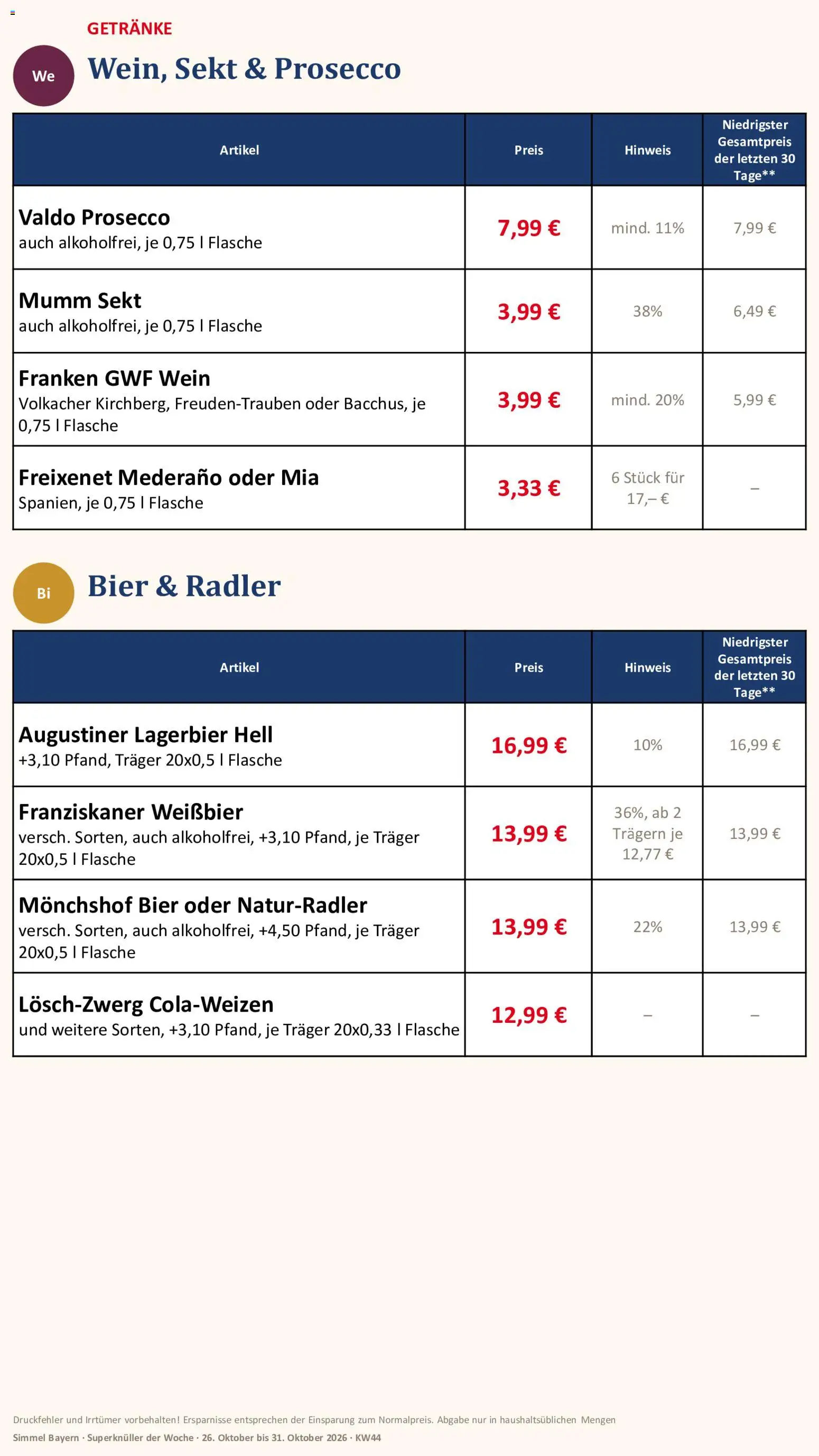 Vorschau von dem Prospekt des Geschäftes Simmel, gültig ab dem 26.10.2026 - Bier, Prosecco, Sekt, Franziskaner, Freixenet, Mumm sekt, Monchshof, Freixenet mederano