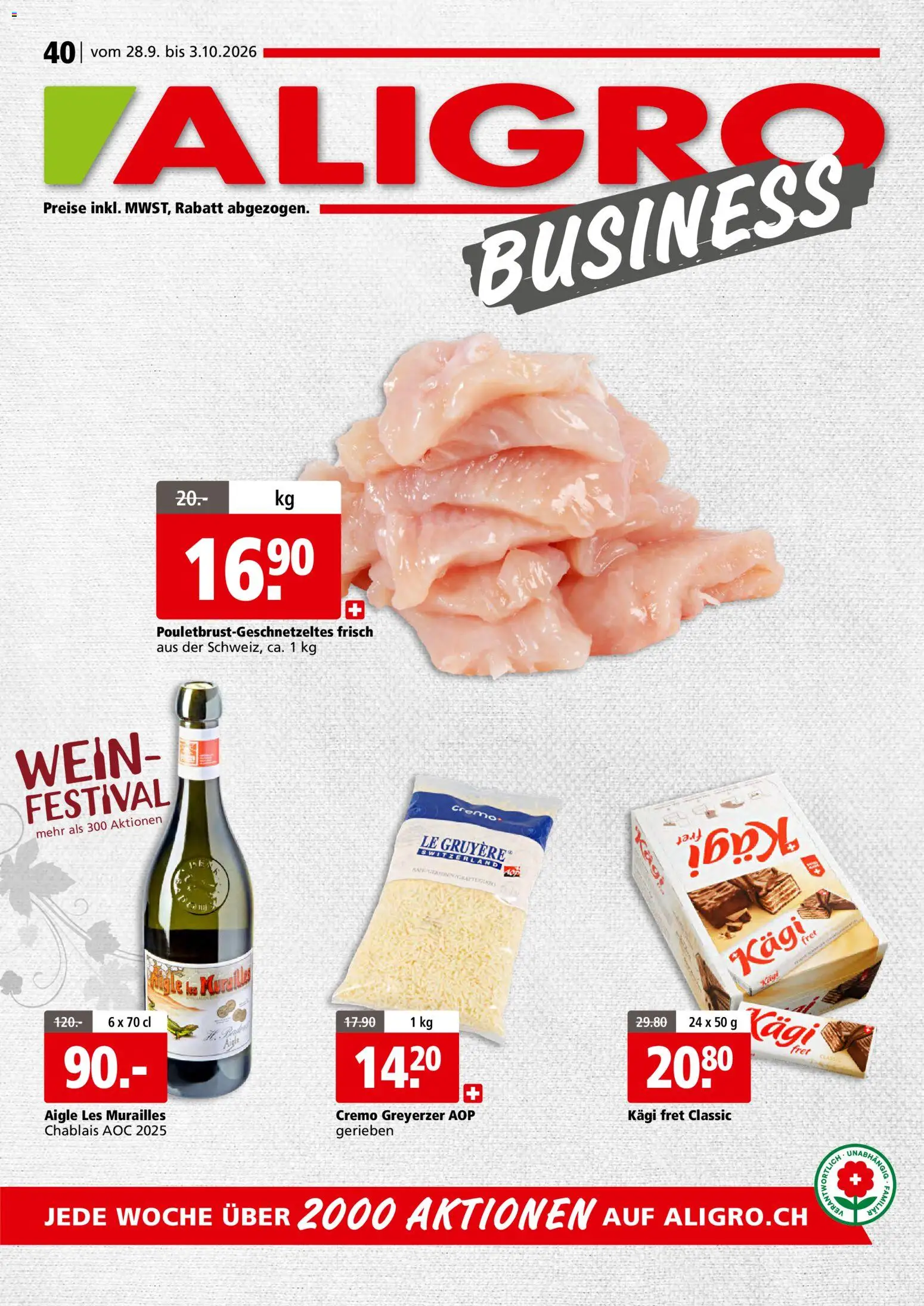 Vorschau des Merkblatts Aligro aktionen Business Chavannes, Matran, Genf, Sitten vom Shop Aligro gültig von 28.09.2026 bis 03.10.2026