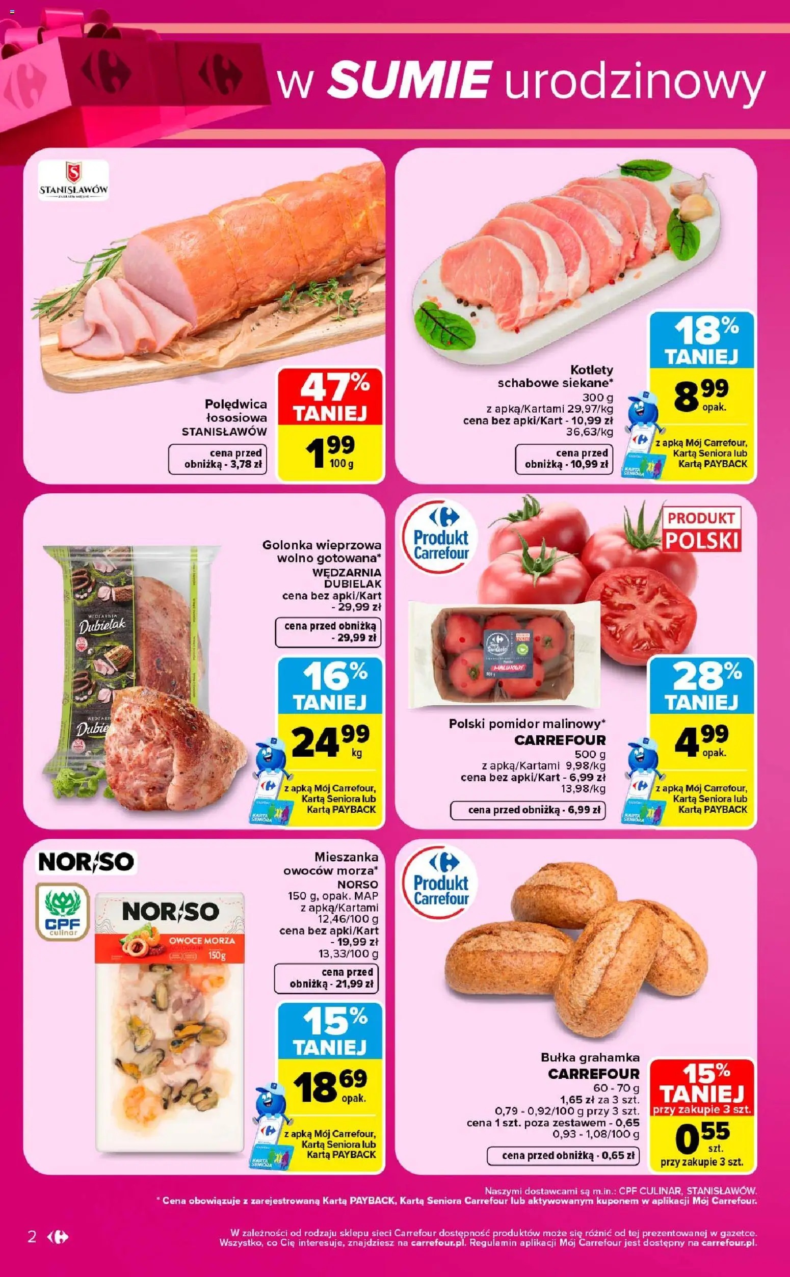 Pogląd gazetki "Carrefour gazetka - Weekend okazji" ze sklepu Carrefour ważnej od 15.10.2026 - Owoce, Pomidor, Bułka, Owoce morza, Karta, Kotlety, Bułka grahamka, Golonka wieprzowa