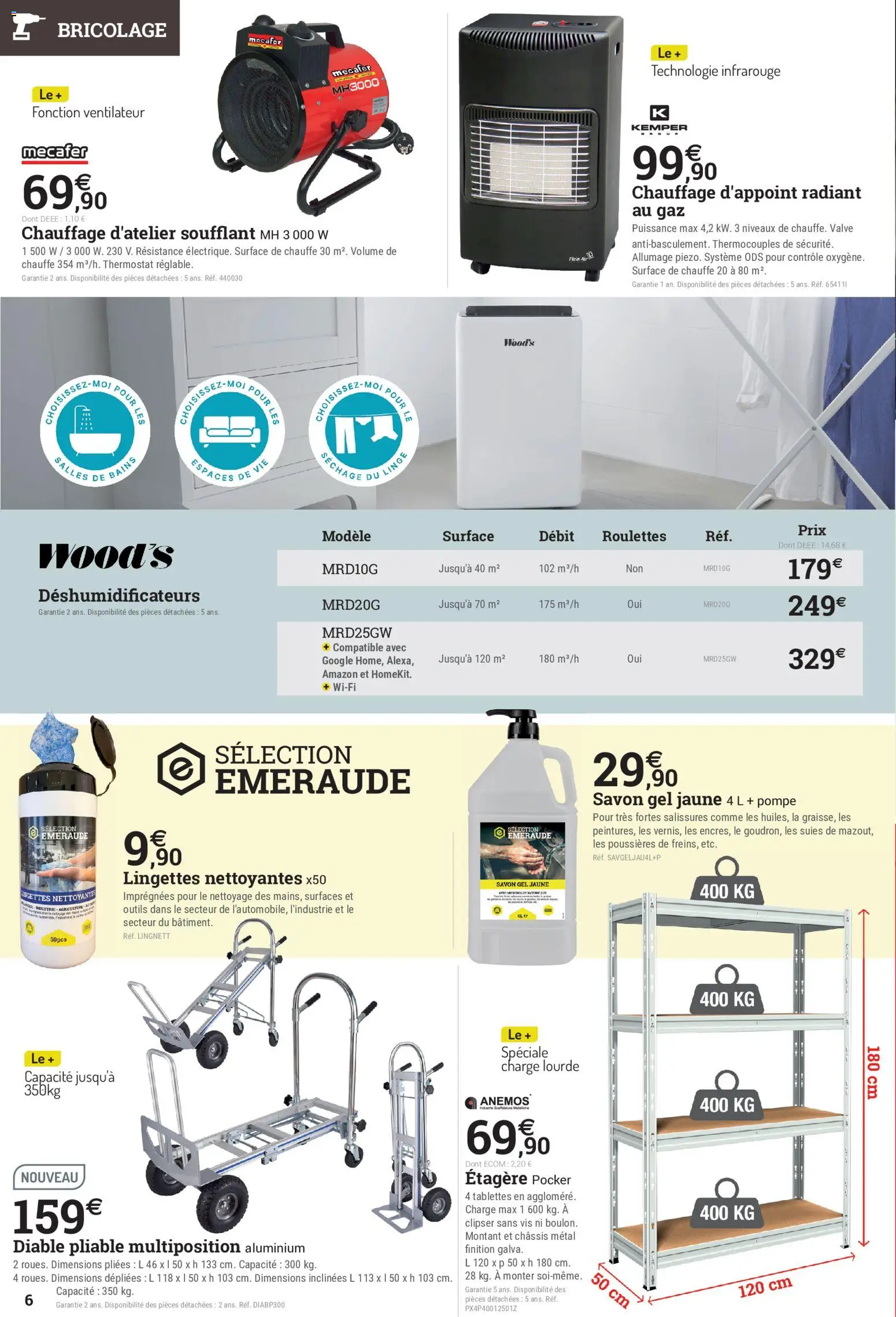 Prévisualisation de Espace Emeraude catalogue du magasin Espace Emeraude formulaire valide 21/10/2026 - Bricolage, Ventilateur, Diable, Outils, Étagère, Savon, Diable pliable, Chauffage d’appoint