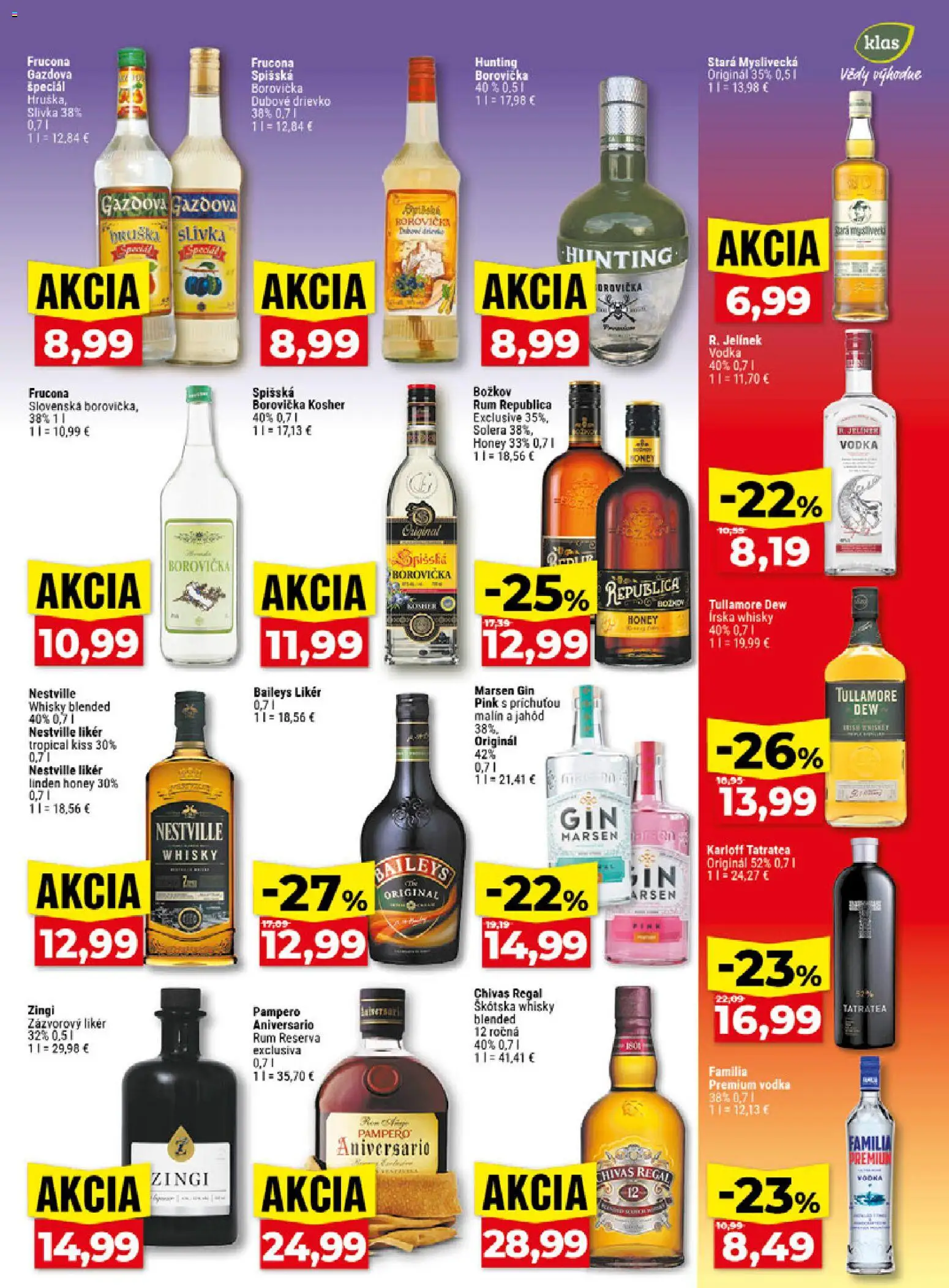 Náhľad Klas letáku platného od 07.09.2026 - Rum, Gin, Baileys, Tullamore Dew, Škótska whisky, Írska whisky, Božkov, Republica