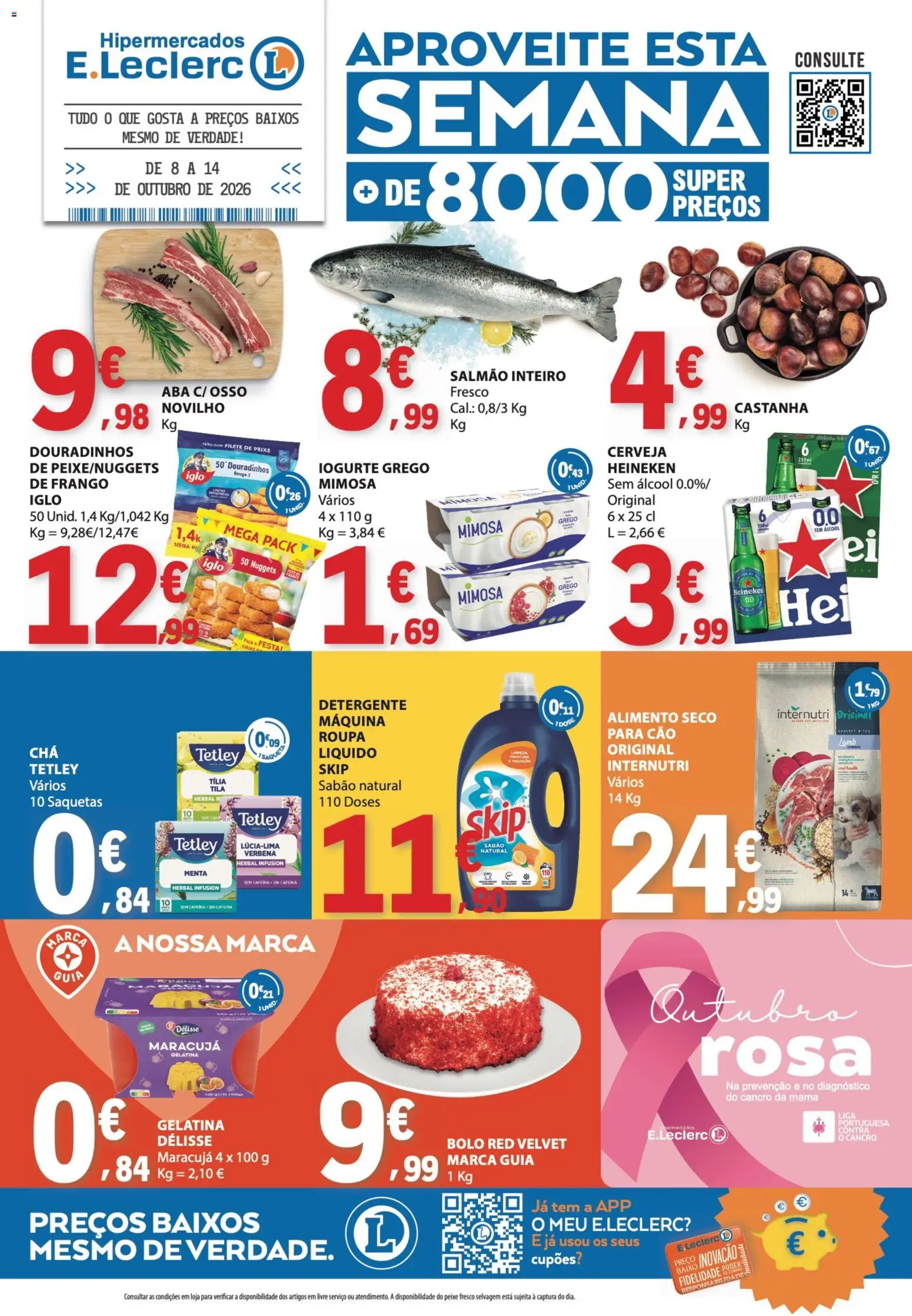 Pré-visualização do folheto da loja E.Leclerc válida a partir de 08/10/2026 - Bolo, Peixe, Álcool, Nuggets, Gelatina, Iogurte grego, Sabão, Faca