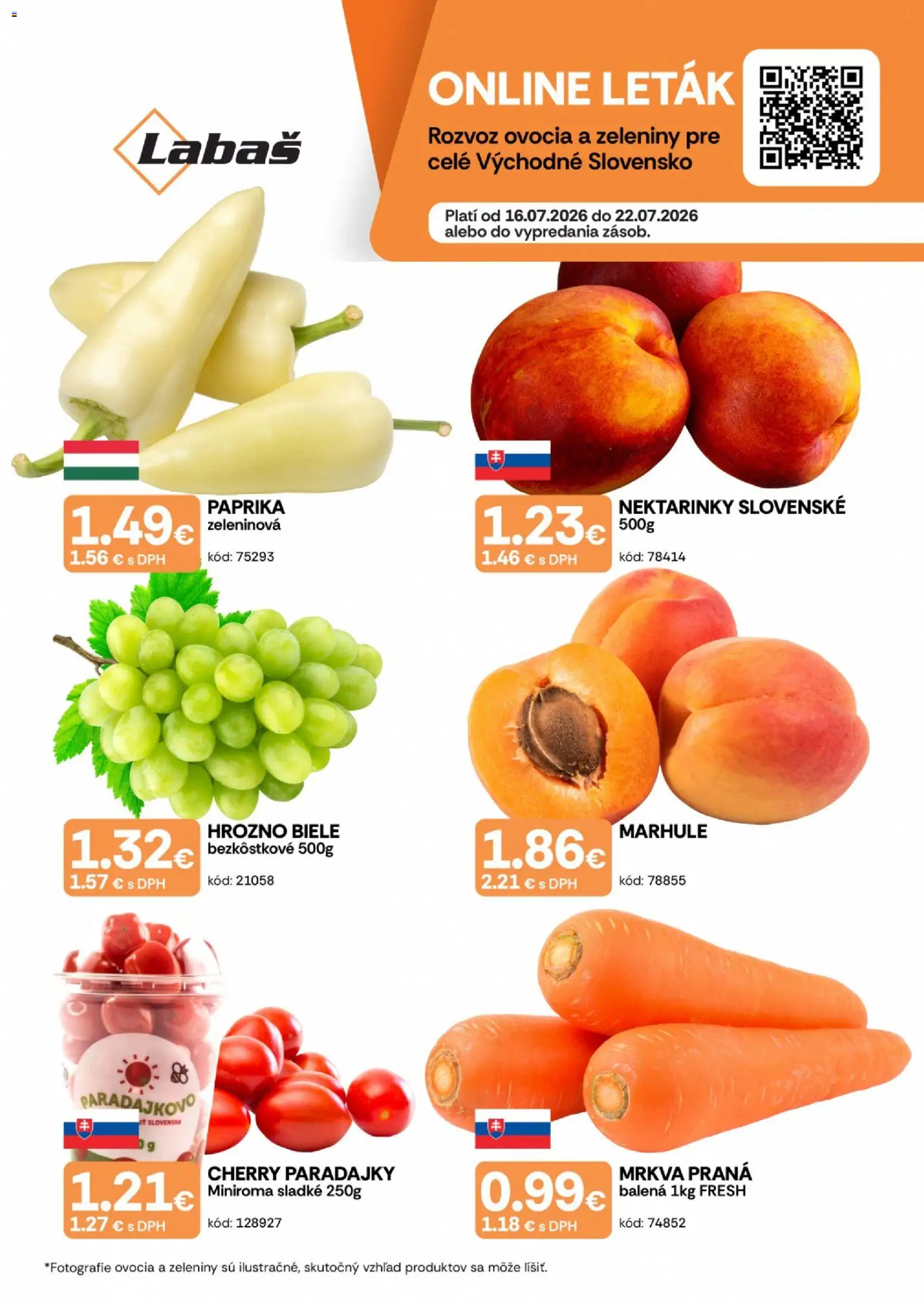 Náhľad Labaš letáku platného od 16.07.2026 - Paprika, Paradajky, Mrkva, Hrozno, Marhule, Cherry paradajky, Nektárinky