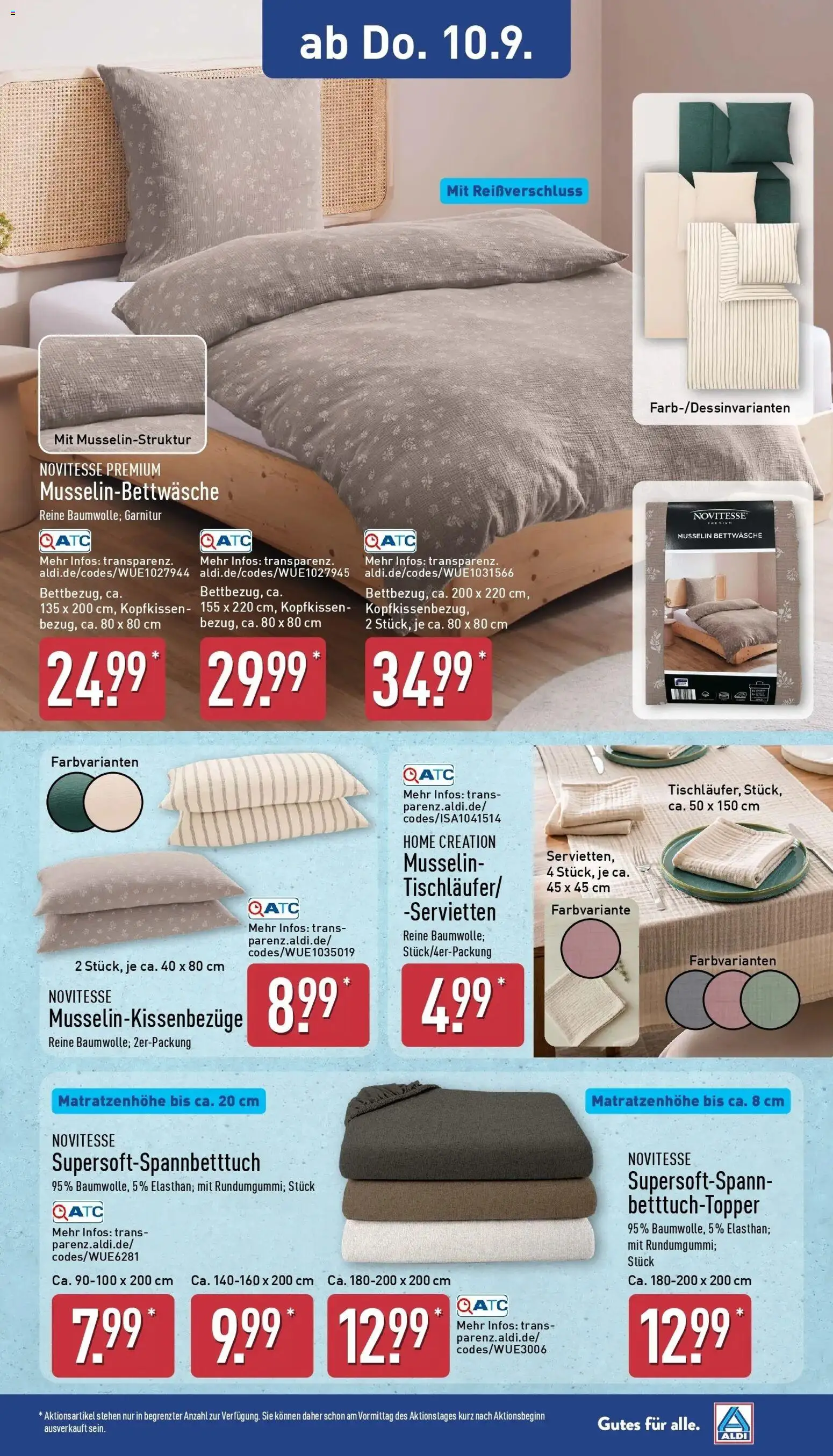 Vorschau von dem Prospekt des Geschäftes Aldi, gültig ab dem 07.09.2026 - Bettwäsche, Topper, Kopfkissen, Home creation