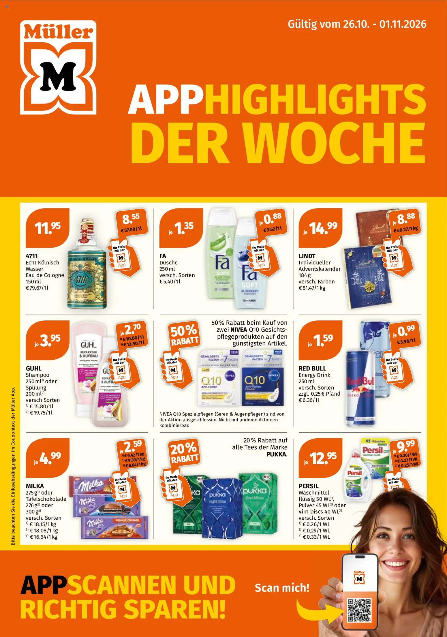 Vorschau von dem Prospekt des Geschäftes Müller, gültig ab dem 26.10.2026 - Wasser, Red bull, Lindt, Dusche, Milka, Energy, Waschmittel, Persil