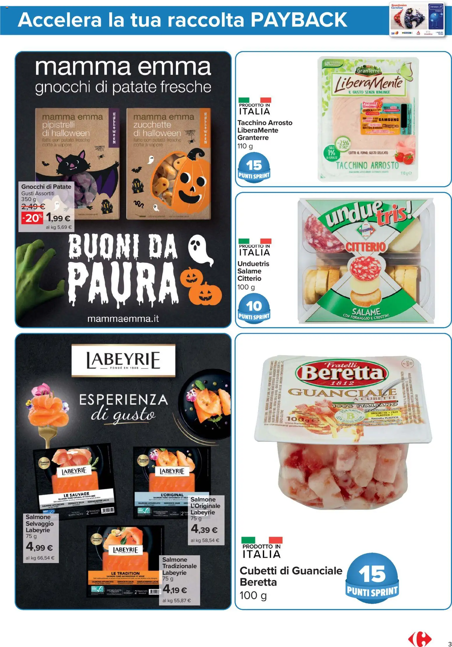 Anteprima dell'opuscolo Carrefour volantino Market - Punti Sprint Payback dal negozio Carrefour valido da 23/10/2026 - Senza glutine, Salmone, Tacchino, Gnocchi di patate, Guanciale, Salmone affumicato, Crostini, Arrosto