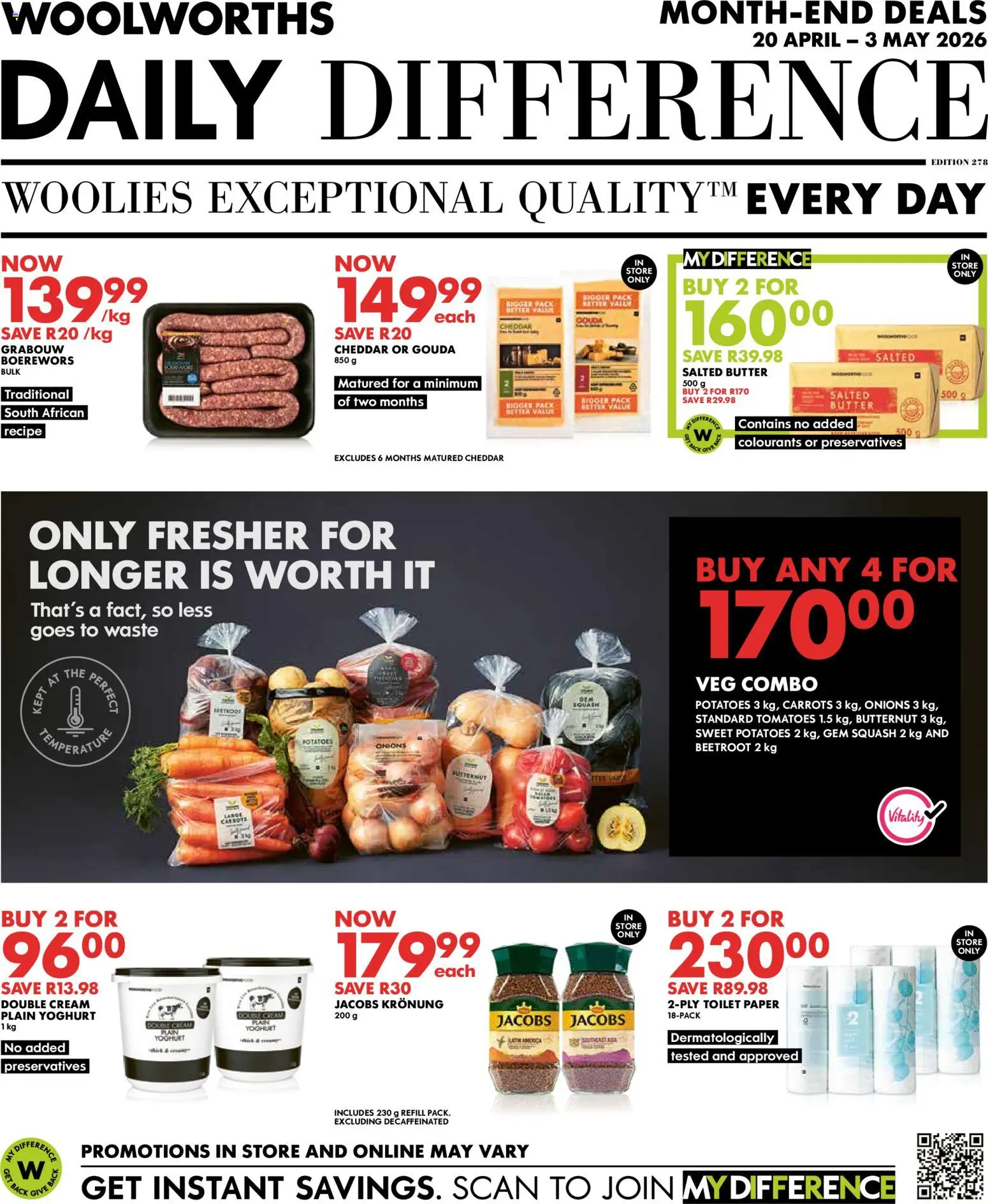 Preview of Woolworths flyer valid from 20/04/2026 - Toilet, Butter, Potatoes, Boerewors, Tomatoes, Cream, Paper, Yoghurt