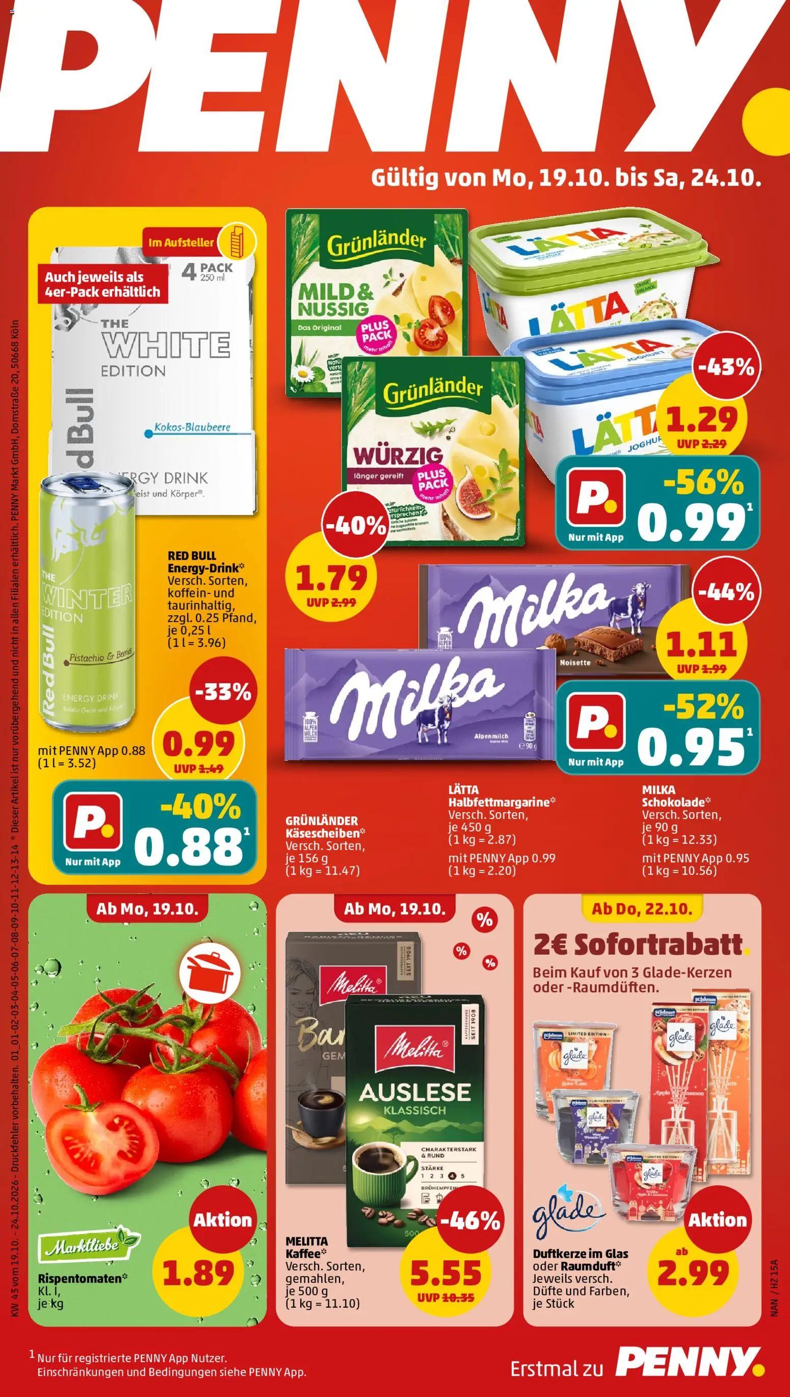 Vorschau von dem Prospekt des Geschäftes Penny, gültig ab dem 19.10.2026 - Red bull, Schokolade, Milka, Energy, Margarine, Melitta, Lätta, Grunlander