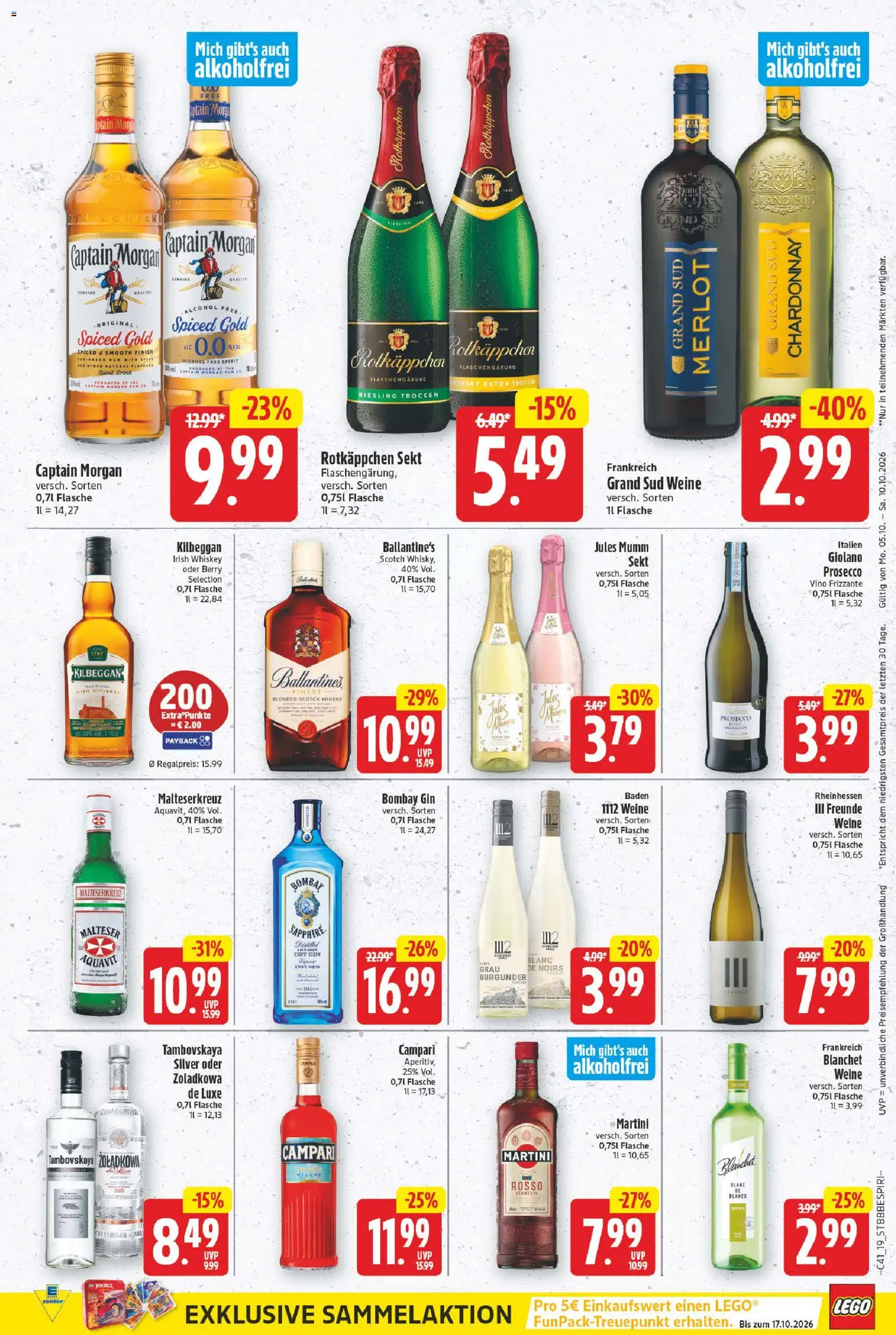 Vorschau von dem Prospekt des Geschäftes E center, gültig ab dem 05.10.2026 - Whisky, Gin, Martini, Prosecco, Finish, Merlot, Grand sud, Rotkappchen sekt