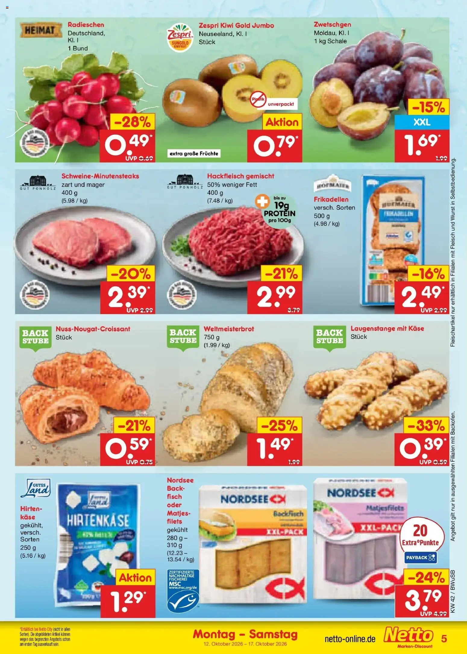 Vorschau von dem Prospekt des Geschäftes Netto Marken-Discount, gültig ab dem 12.10.2026 - Käse, Fisch, Wurst, Kiwi, Fleisch, Hackfleisch, Zwetschgen