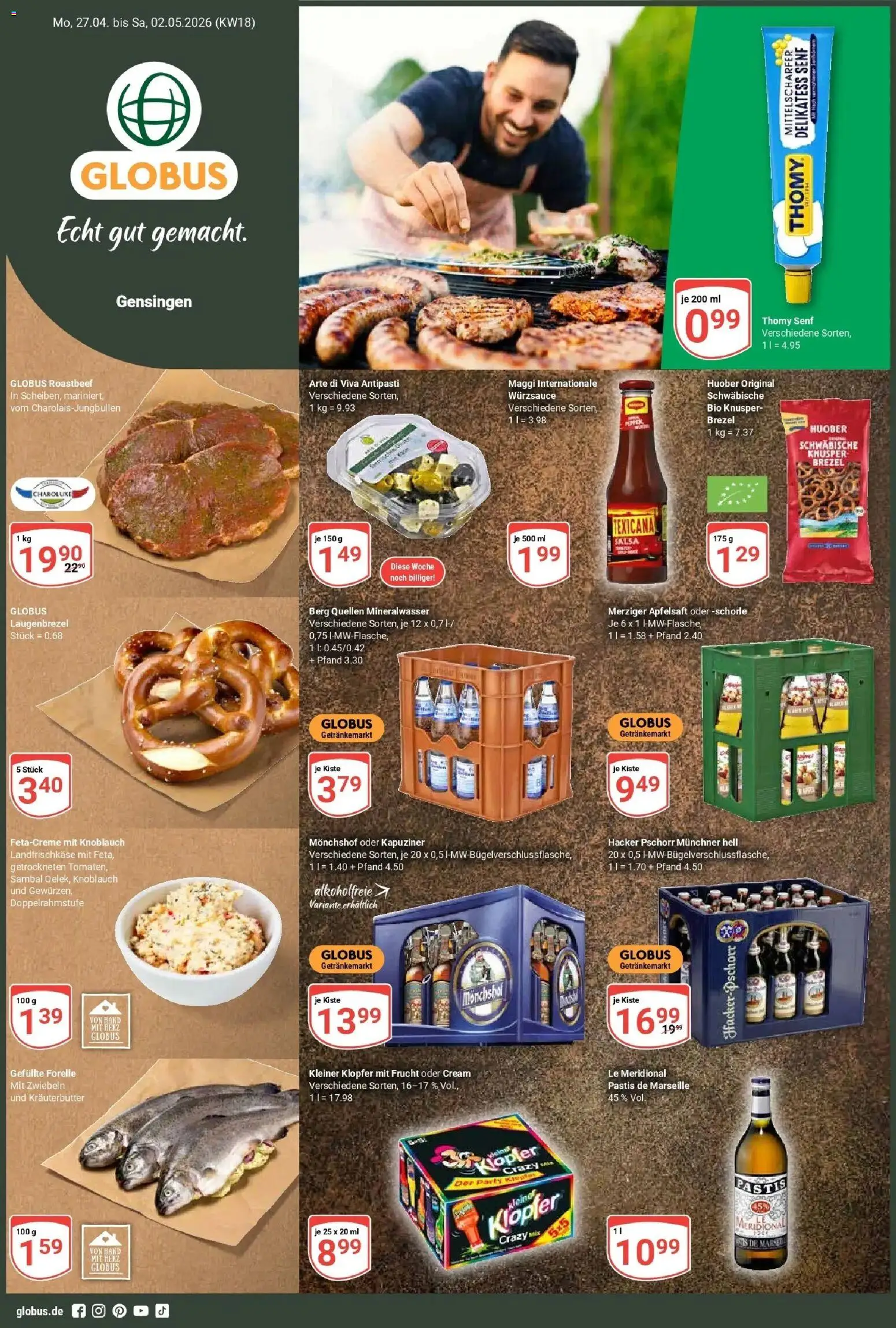 Vorschau von dem Prospekt des Geschäftes Globus, gültig ab dem 27.04.2026 - Maggi, Mineralwasser, Roastbeef, Knoblauch, Kräuterbutter, Apfelsaft, Zwiebeln, Monchshof
