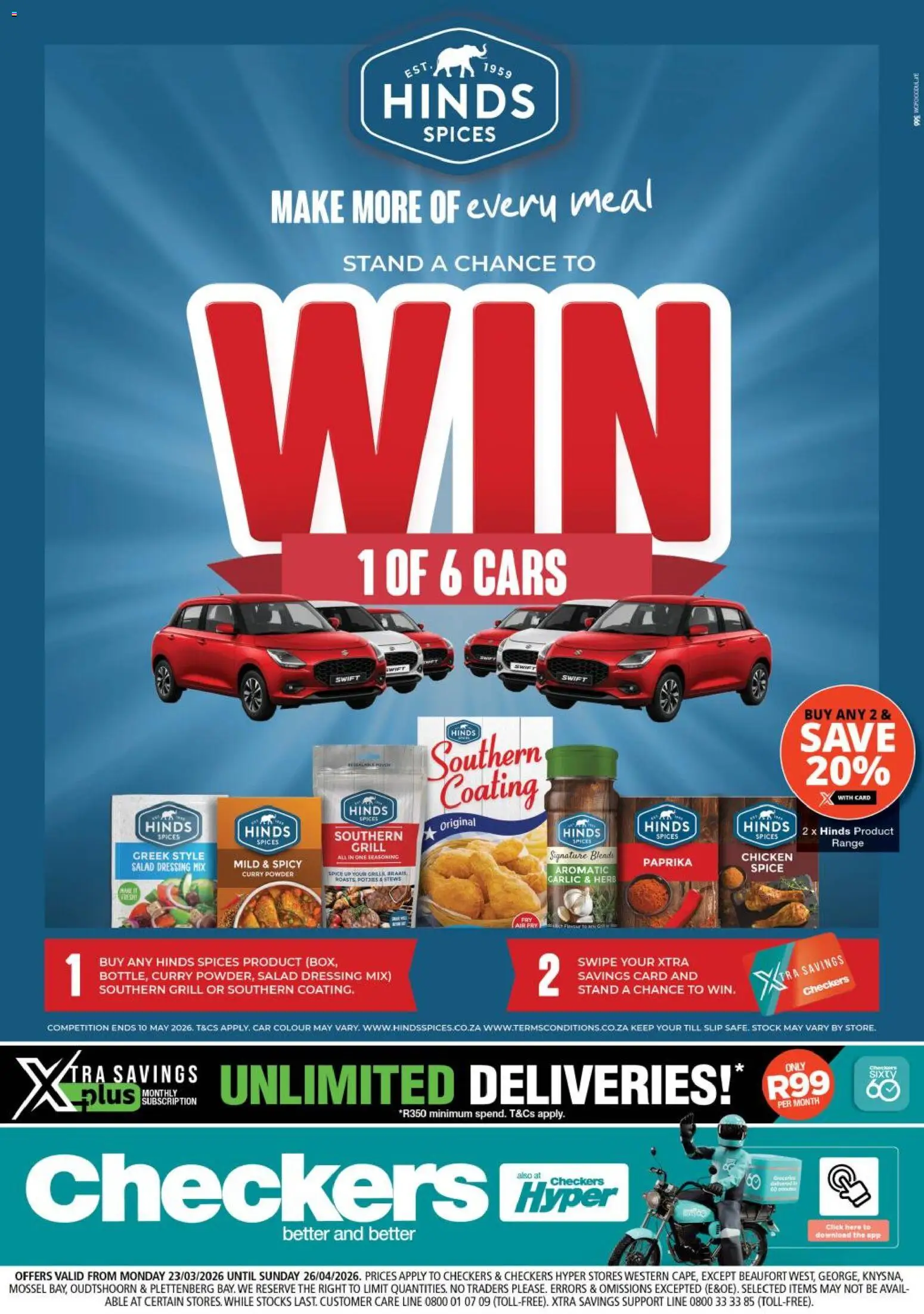 Preview of Checkers flyer valid from 23/03/2026 - Salad, Spices, Garlic, Grill, Salad dressing, Dressing, Powder, Curry powder