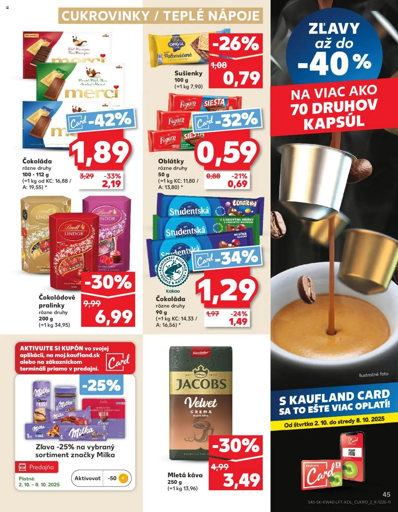 Náhľad Kaufland letáku platného od 02.10.2025 - Káva, Čokoláda, Milka, Merci, Kakao, Jacobs Velvet, Sušienky, Oblátky