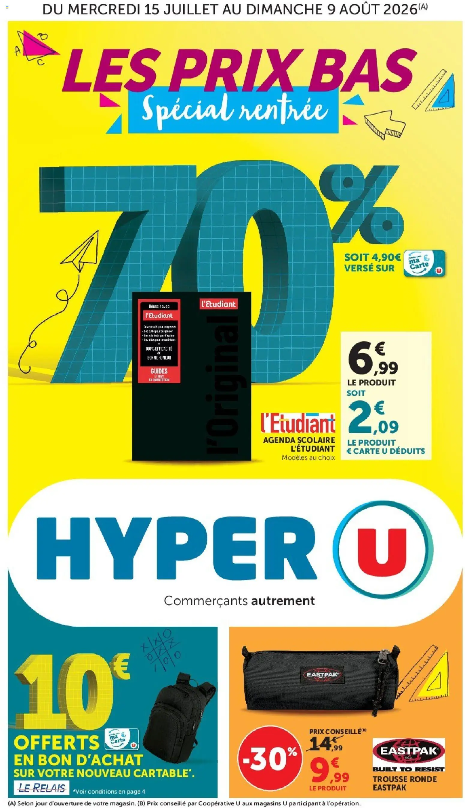 Prévisualisation de Hyper U - La rentrée à prix bas du magasin Hyper U formulaire valide 15/07/2026 - Agenda, Cartable, Agenda scolaire