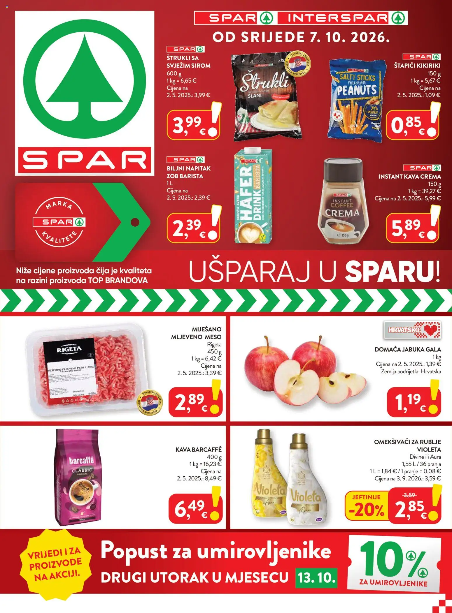 Pregled letka Spar Katalog trgovine Spar vrijedi od 07.10.2026 - Kava, Barcaffe, Kikiriki, Violeta, Instant kava, Štapići, Napitak, Biljni napitak