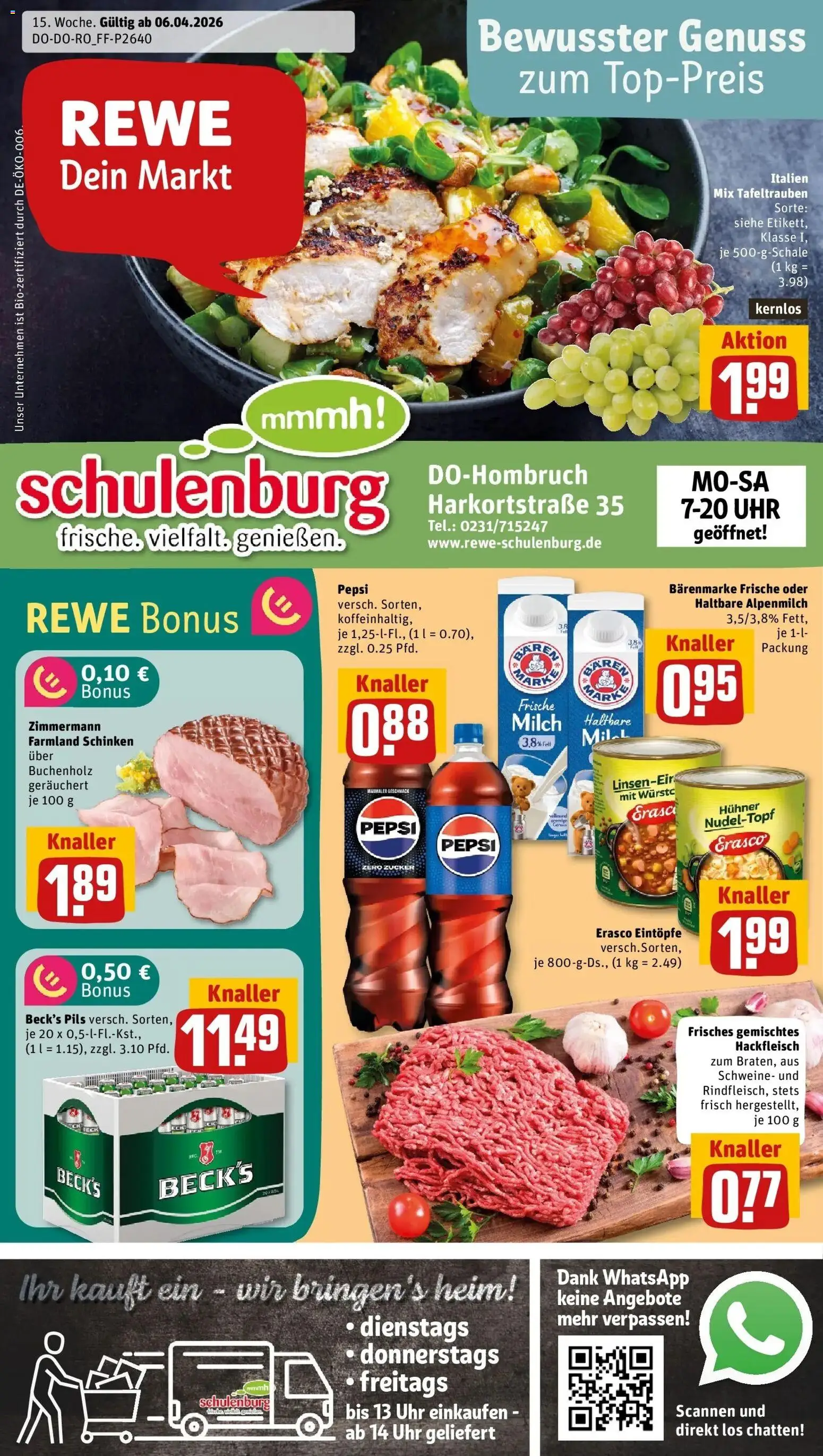 Vorschau von dem Prospekt des Geschäftes Rewe, gültig ab dem 05.04.2026 - Uhr, Wurst, Milch, Hackfleisch, Zucker, Schinken, Pils, Erasco