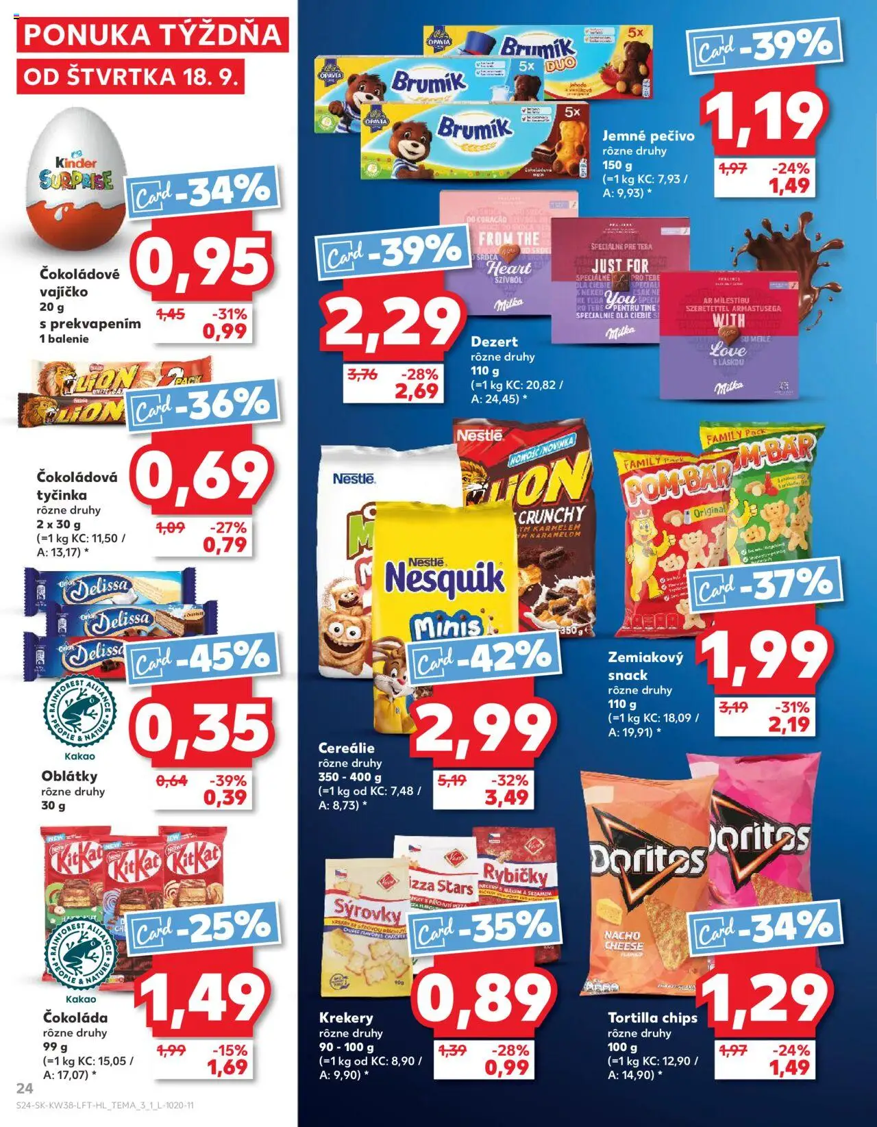 Náhľad Kaufland letáku platného od 18.09.2025 - Pizza, Čokoláda, Milka, Kakao, Nesquik, Tortilla chips, Cereálie, Kinder Surprise