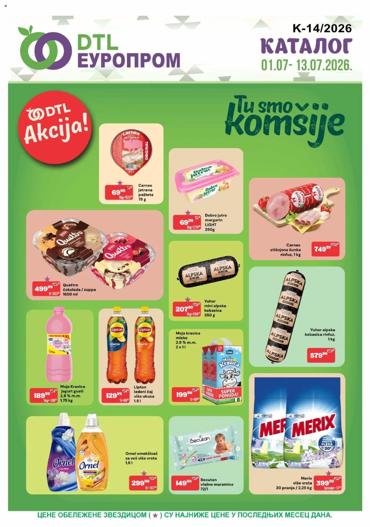 Pregled Europrom kataloga - važi od 01.07.2026 - Čokolada, Moja kravica, Mleko, Jogurt, Šunka, Kobasica, Vlažne maramice, Omekšivač