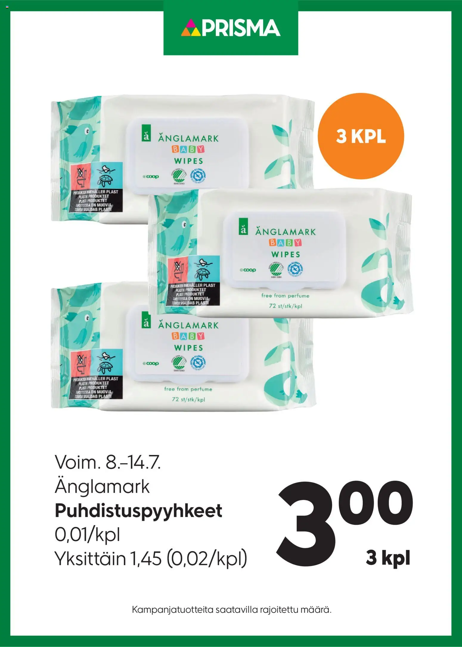 Kaupan Prisma Prisma tarjoukset Puhdistuspyyhkeet esikatselu, voimassa 08/07/2026