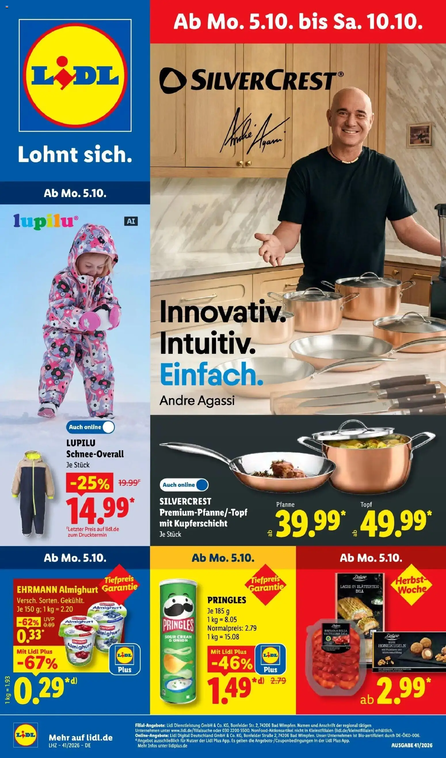 Vorschau von dem Prospekt des Geschäftes Lidl, gültig ab dem 05.10.2026 - Chips, Bad, Lachs, Pringles, Dill, Ehrmann almighurt