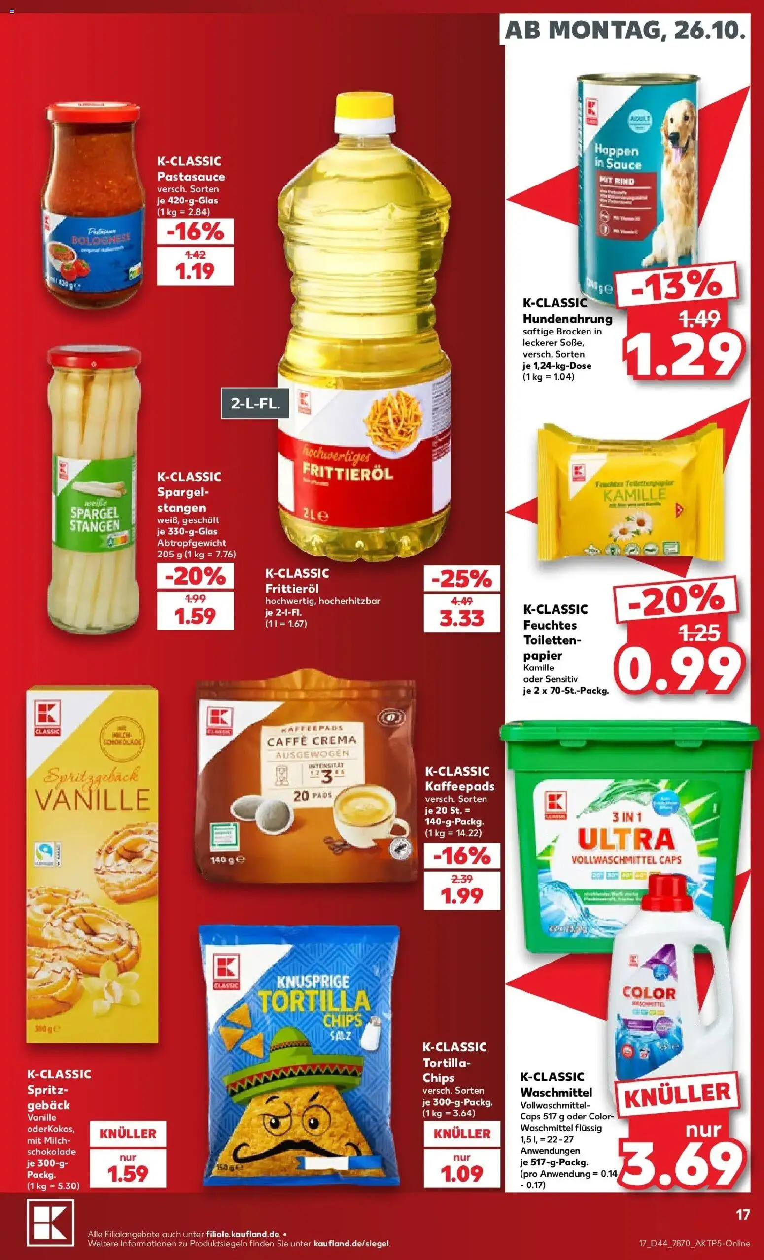 Vorschau von dem Prospekt des Geschäftes Kaufland, gültig ab dem 26.10.2026 - Chips, Spargel, Toilettenpapier, Milch, Salz, Waschmittel, Kaffeepads, Feuchtes Toilettenpapier