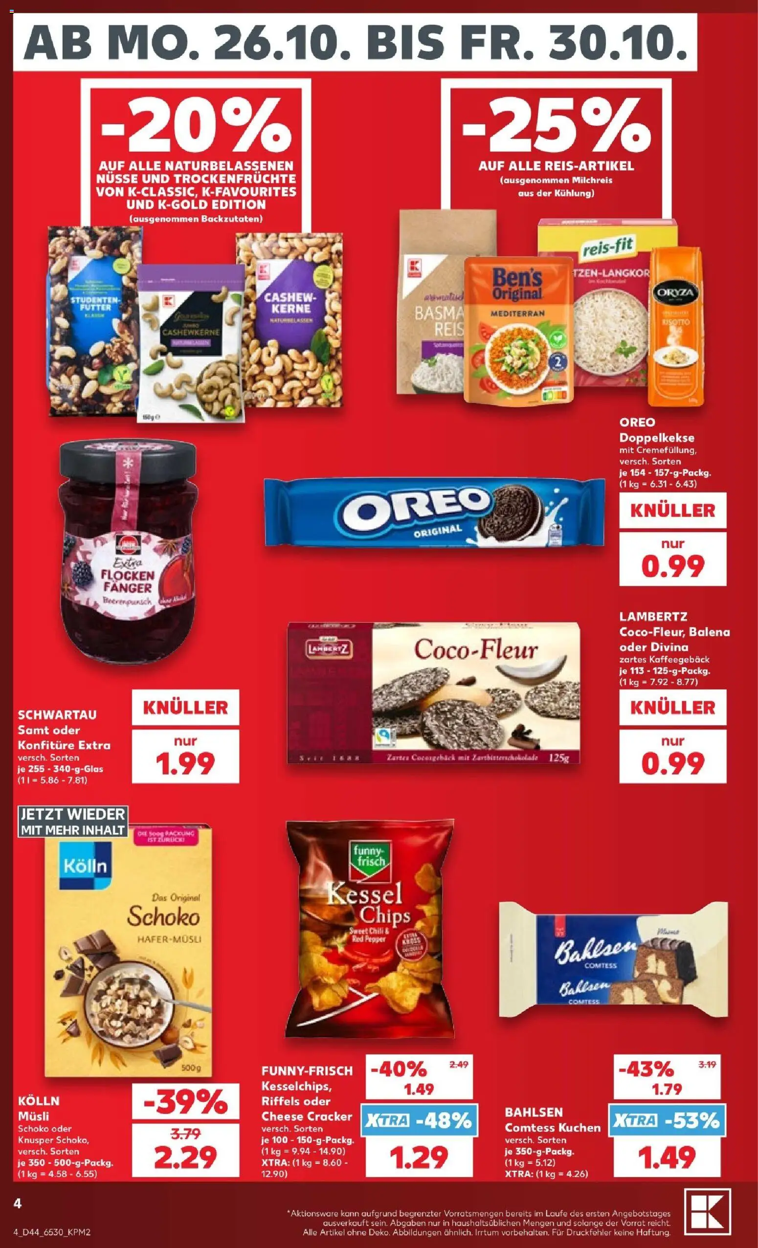 Vorschau von dem Prospekt des Geschäftes Kaufland, gültig ab dem 26.10.2026 - Chips, Kuchen, Reis, Chili, Cashew, Trockenfrüchte, Kolln, Musli
