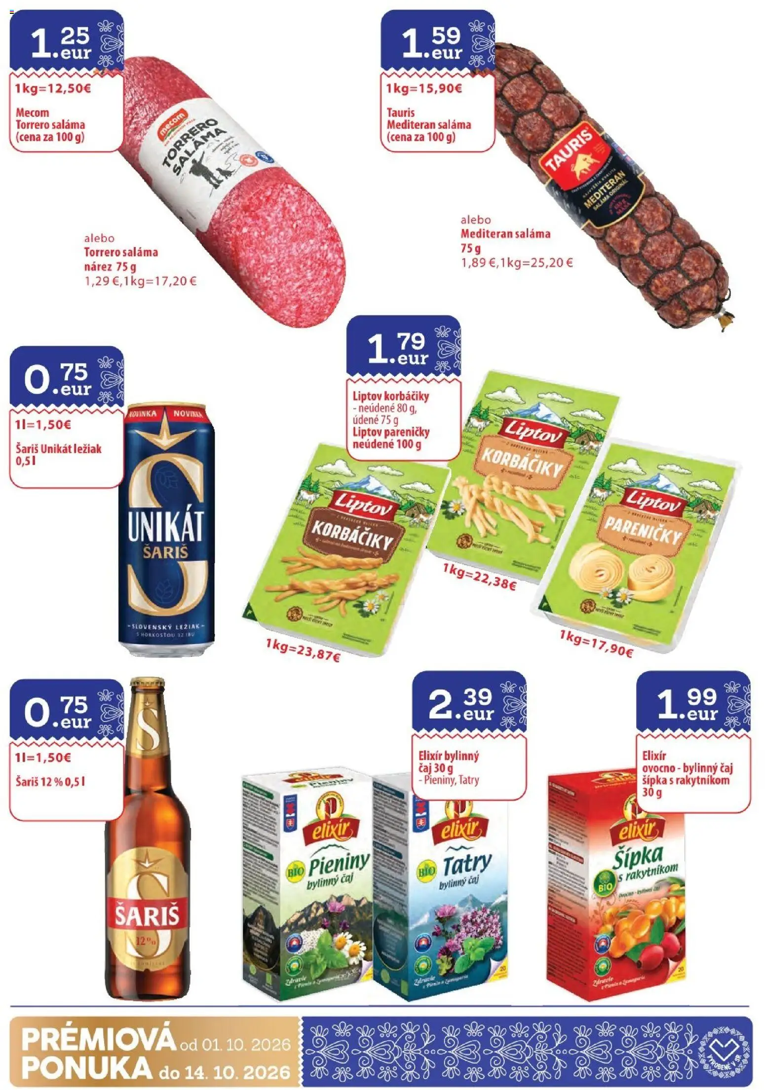 Náhľad Sintra letáku platného od 01.10.2026 - Čaj, Šariš, Saláma, Korbáčiky, Bylinný čaj
