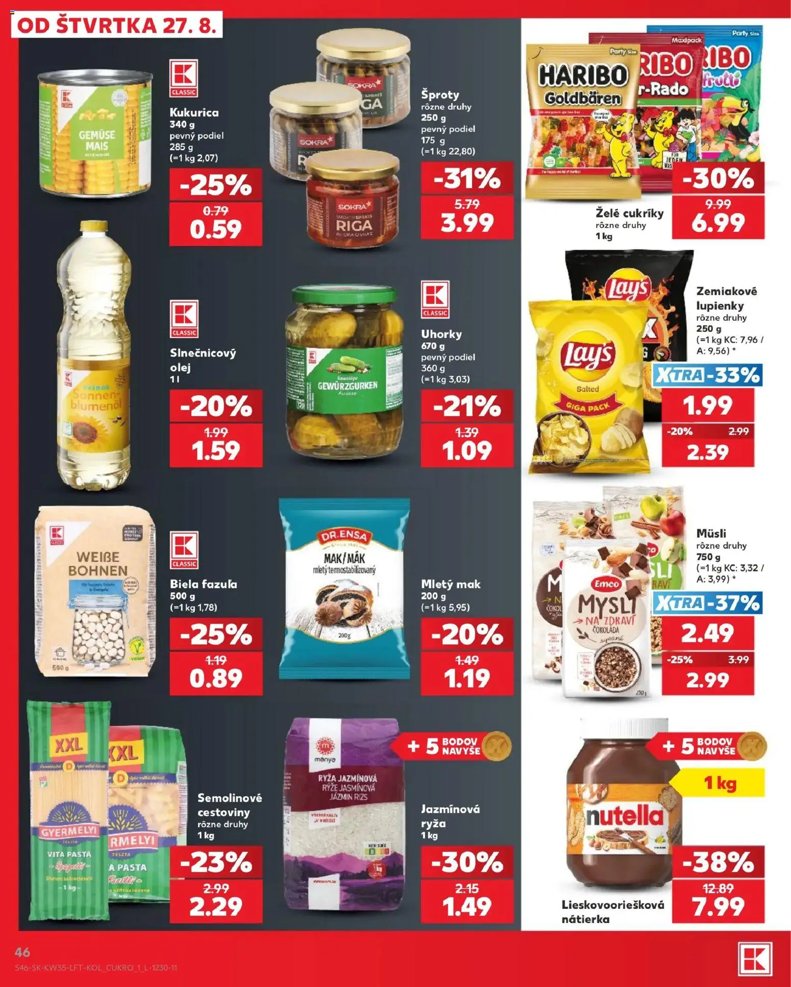 Náhľad Kaufland letáku platného od 27.08.2026 - Cestoviny, Čokoláda, Olej, Nutella, Mak, Ryža, Fazuľa, Uhorky