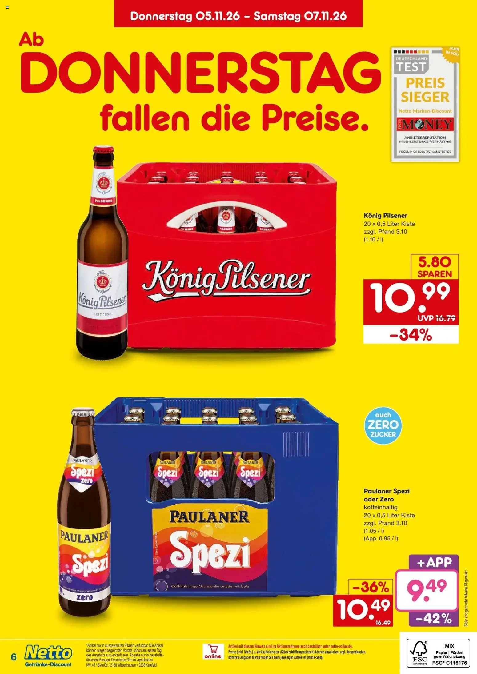 Vorschau von dem Prospekt des Geschäftes Netto Marken-Discount, gültig ab dem 02.11.2026 - Bilder, Cola, Paulaner spezi, Zucker, Paulaner, Konig pilsener
