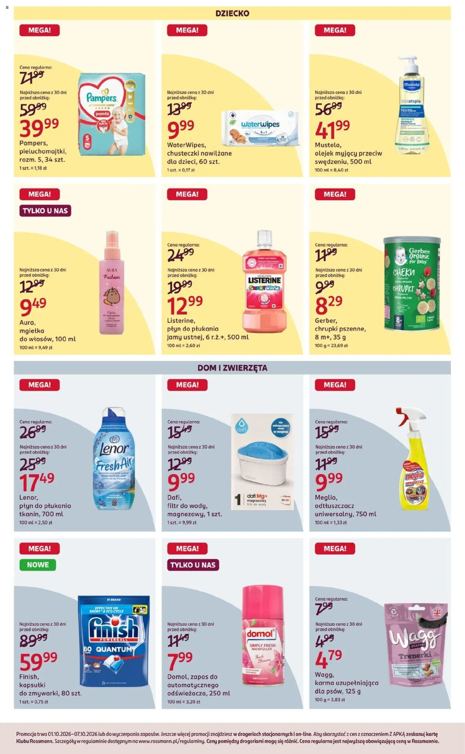Pogląd gazetki "Rossmann gazetka" ze sklepu Rossmann ważnej od 01.10.2026 - Płyn do płukania, Karma, Chusteczki nawilżane, Meglio, Chrupki, Listerine, Finish, Kapsułki