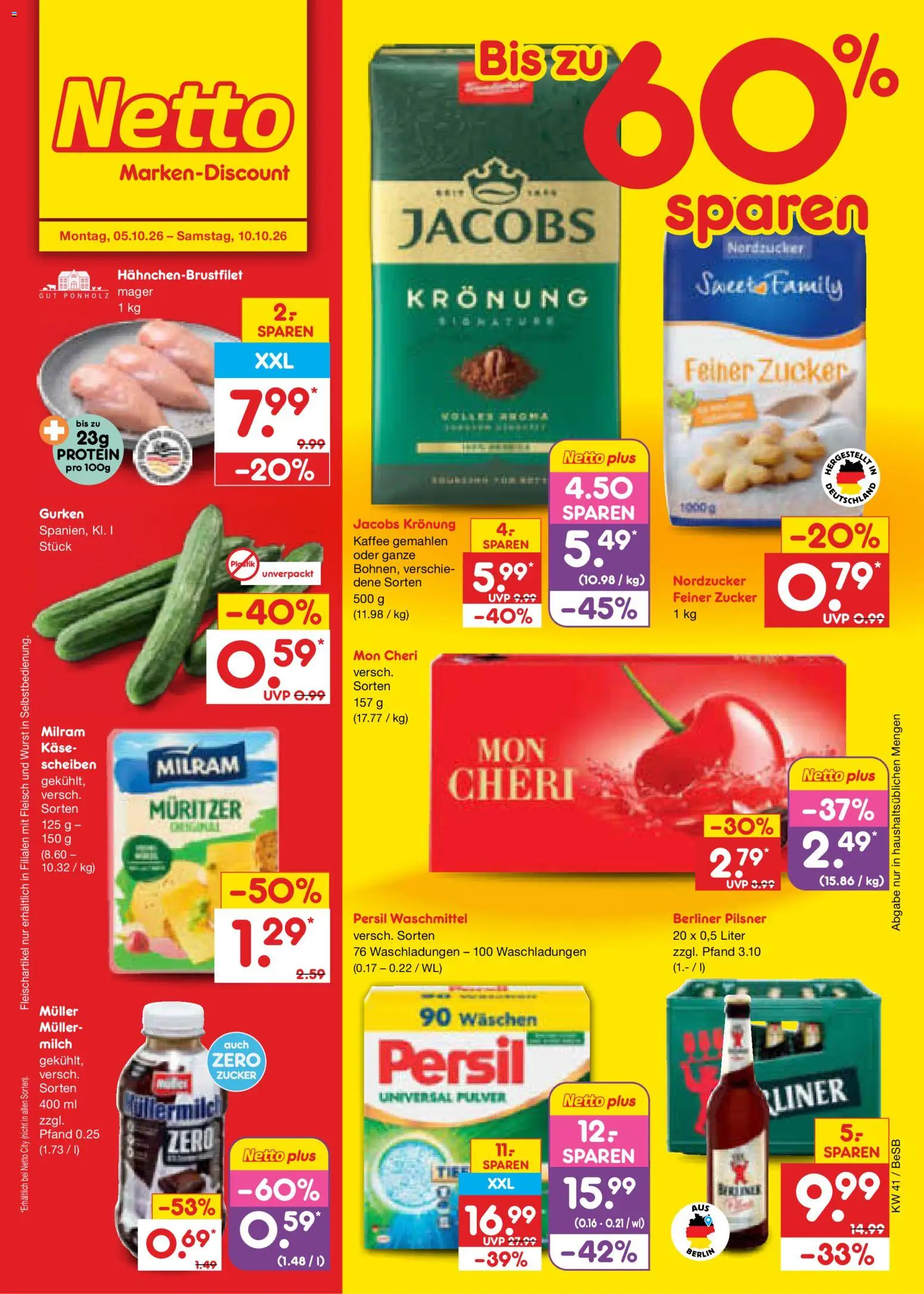Vorschau von dem Prospekt des Geschäftes Netto Marken-Discount, gültig ab dem 05.10.2026 - Kaffee, Käse, Wurst, Berliner, Waschmittel, Müllermilch, Persil, Milram