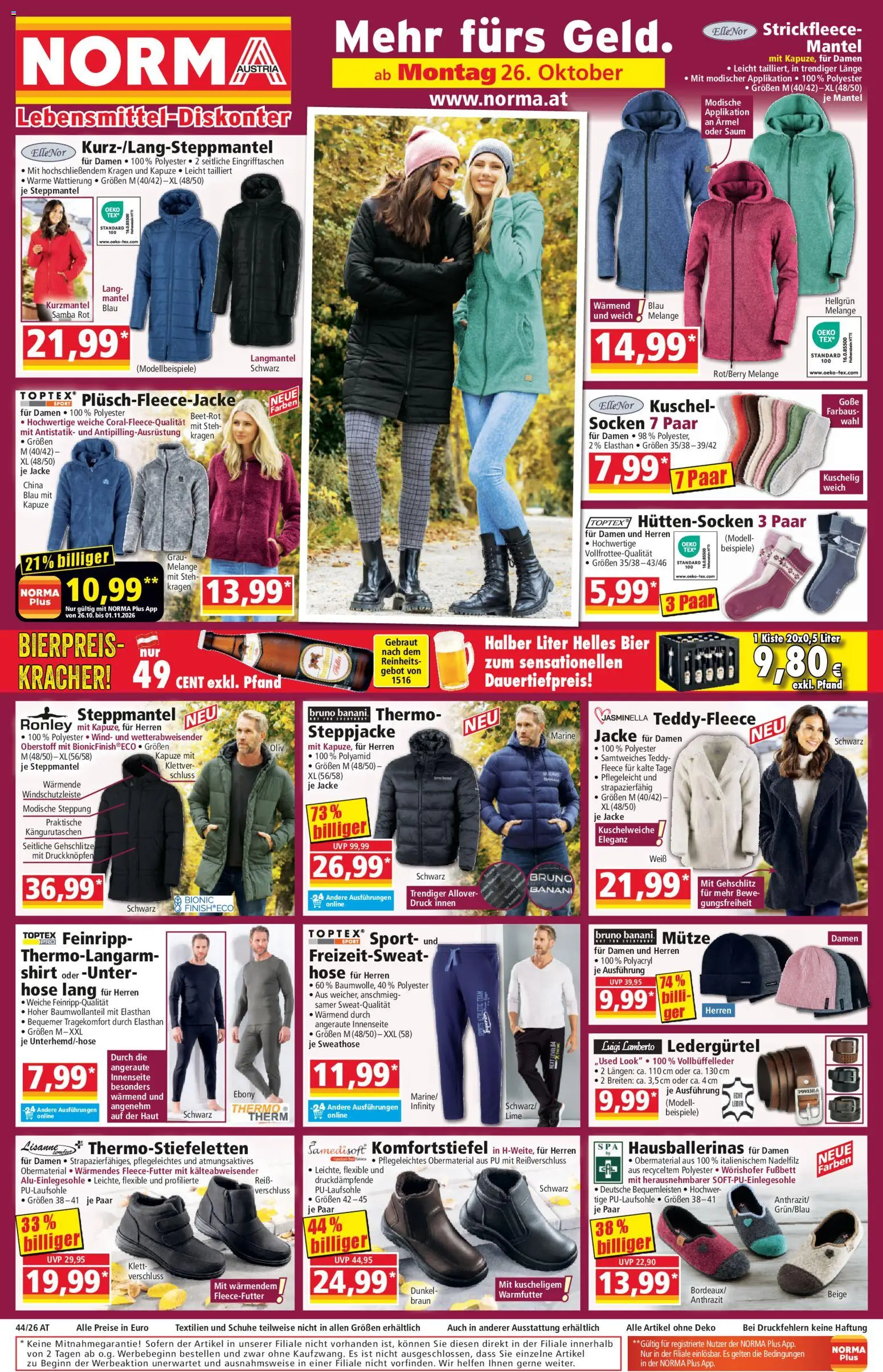Vorschau der Angebote: Norma Norma Flugblatt gültig ab 26.10.2026 - Bier, Jacke, Mantel, Hose, Socken