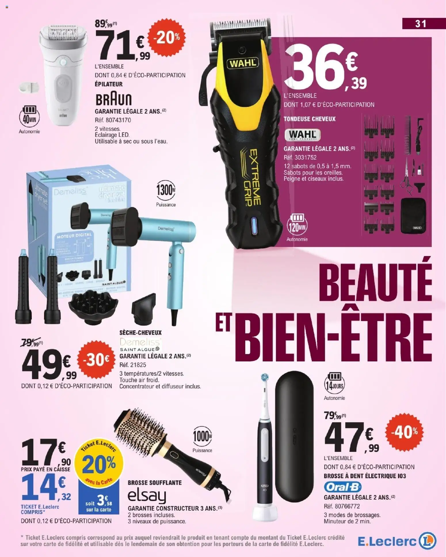Prévisualisation de E.Leclerc Beaute automne du magasin E.Leclerc formulaire valide 01/09/2026 - Brosse a dent electrique, Brosse soufflante, Ciseaux, Sabots, Diffuseur, Épilateur, Algues, Éclairage