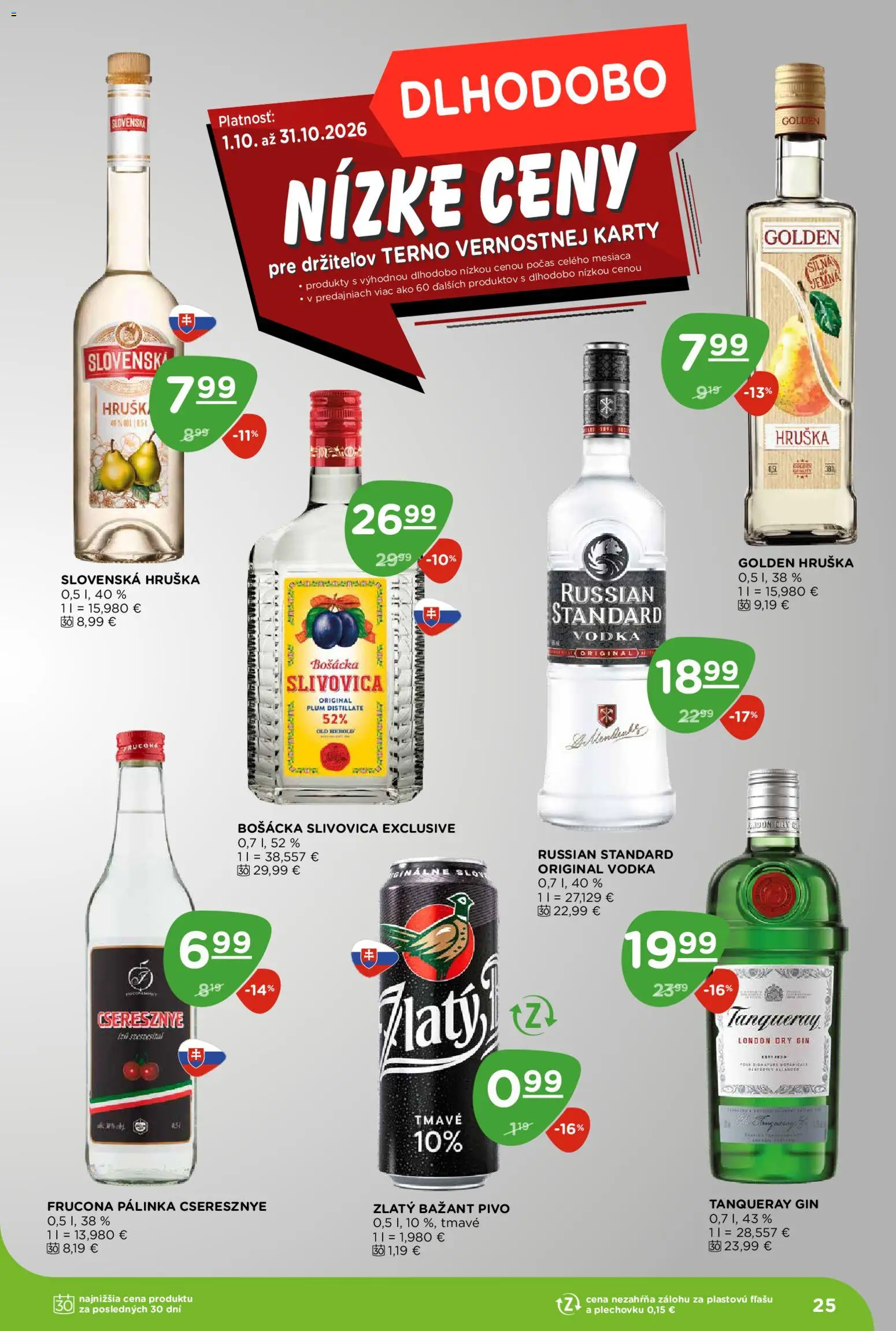 Náhľad Terno letáku platného od 08.10.2026 - Pivo, Vodka, Gin, Slivovica, Bošácka slivovica, Zlatý Bažant, Russian Standard